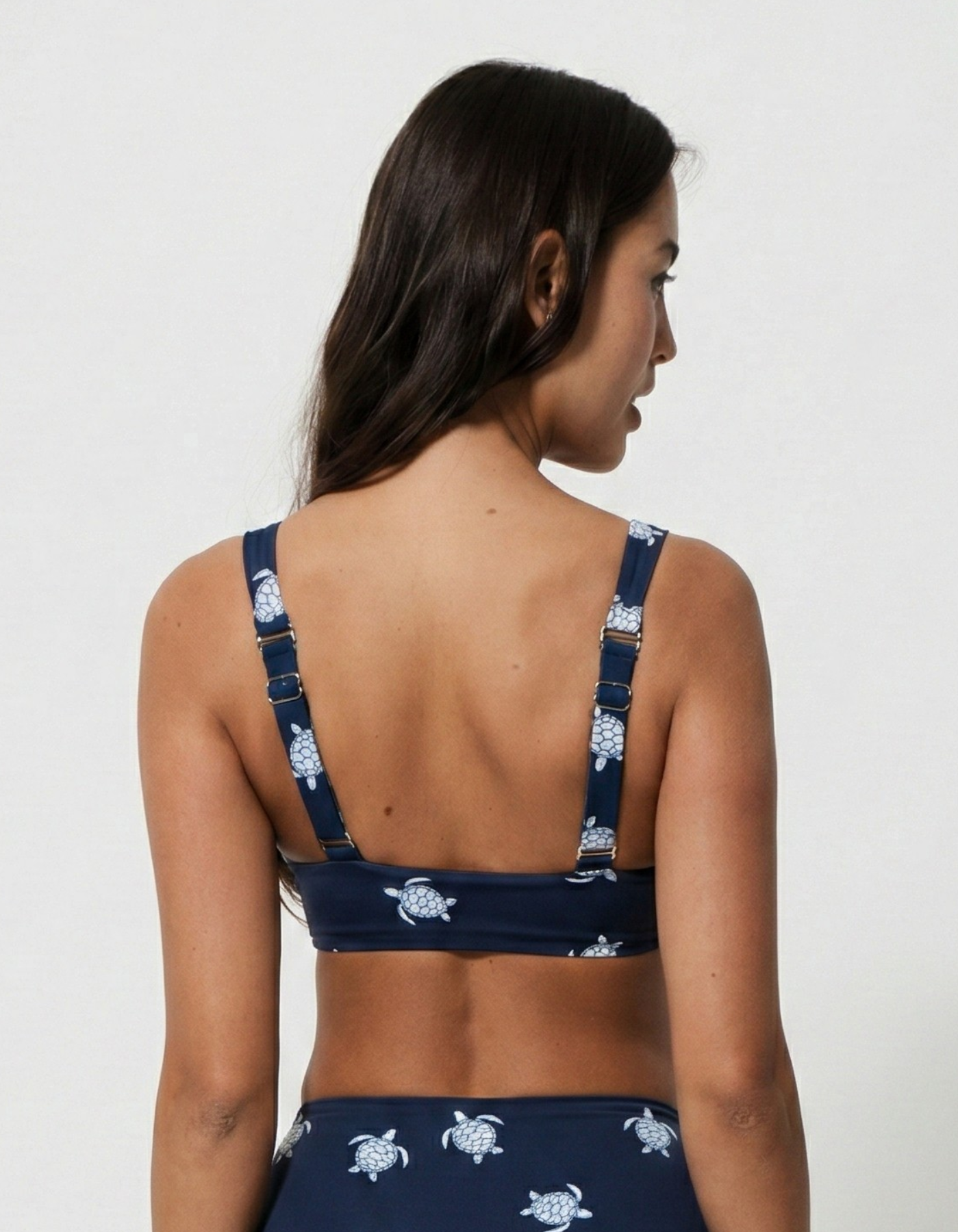 Midnight Blue Turtle Womens Tank Bikini Top, print detail. Sustainable womens swimwear.