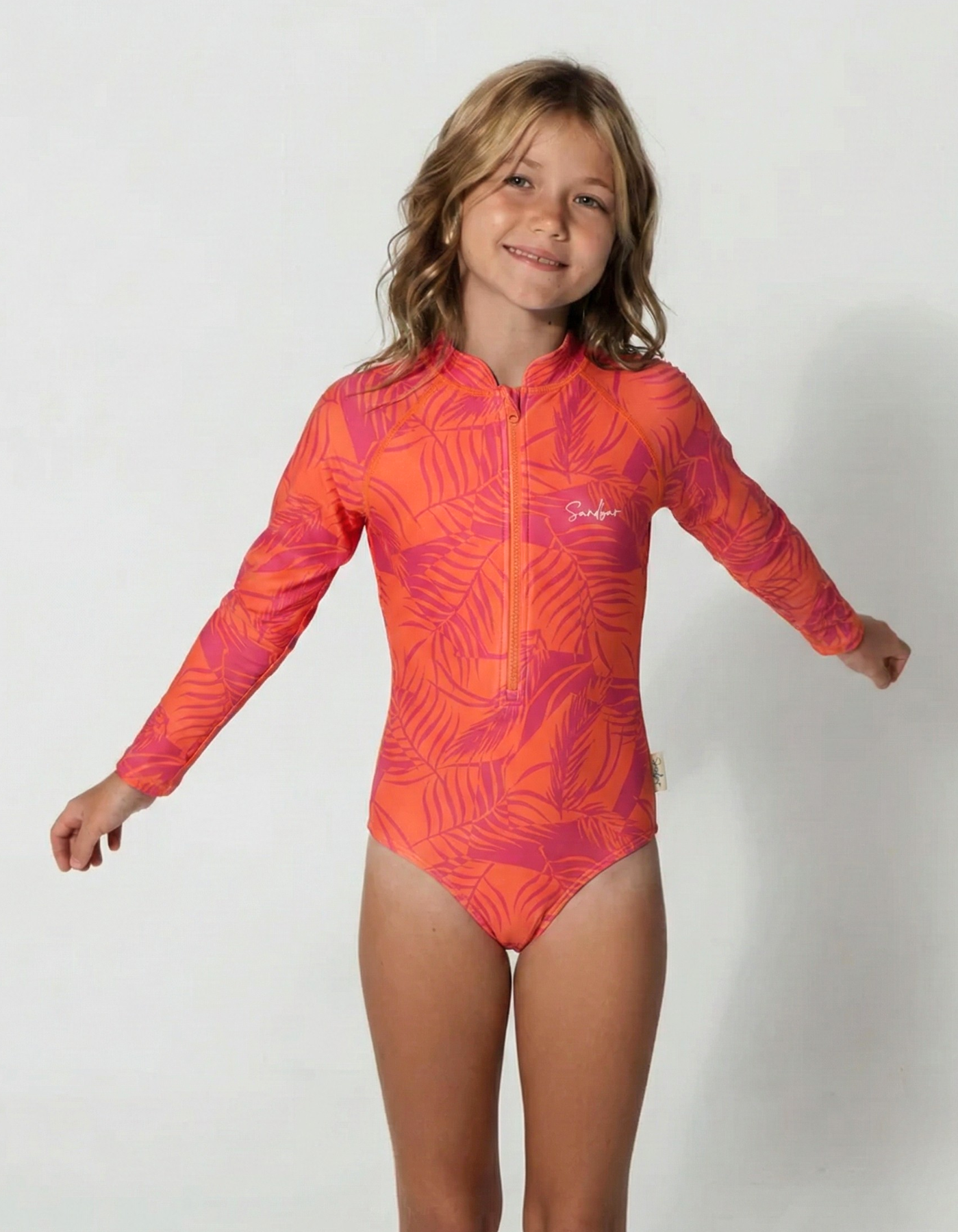 Aperol Palm Long Sleeved Girls Swimsuit, front view. Sustainable girls swimwear.