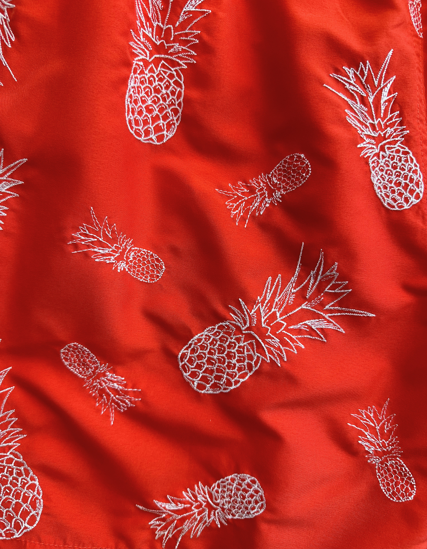 Embroidered Pineapple Boys Swim Shorts, back view. Embroidered kids swim shorts.