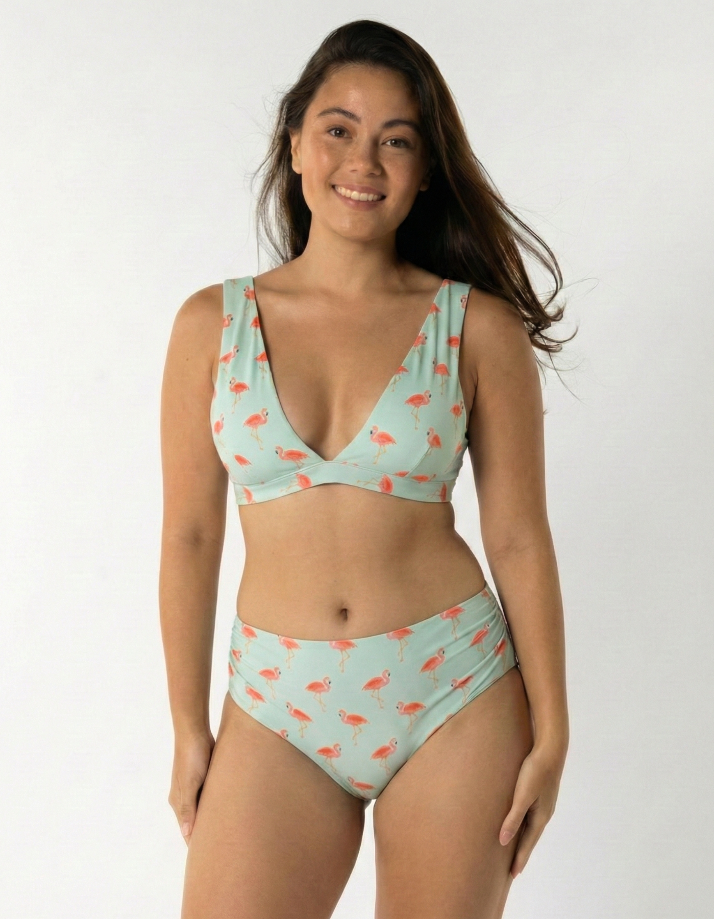 Mid Waist Pink Flamingo Womens Bikini Bottoms, front view. Sustainable womens swimwear.
