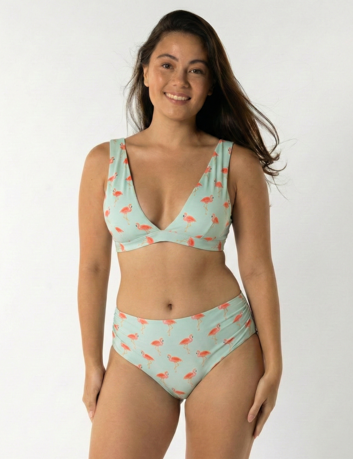 Mid Waist Pink Flamingo Womens Bikini Bottoms, front view. Sustainable womens swimwear.