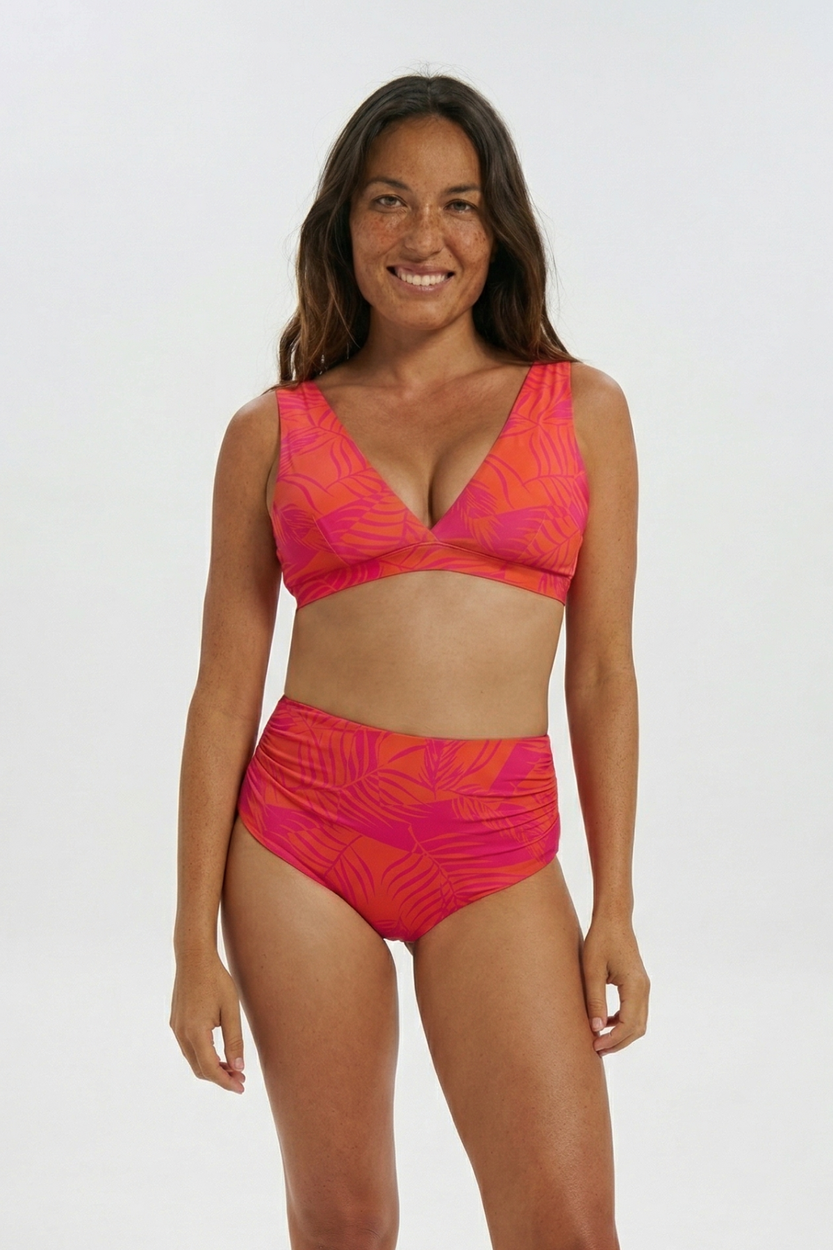 Dune – Aperol Palm Womens Plunge Bikini Top, print detail. Sustainable womens swimwear.