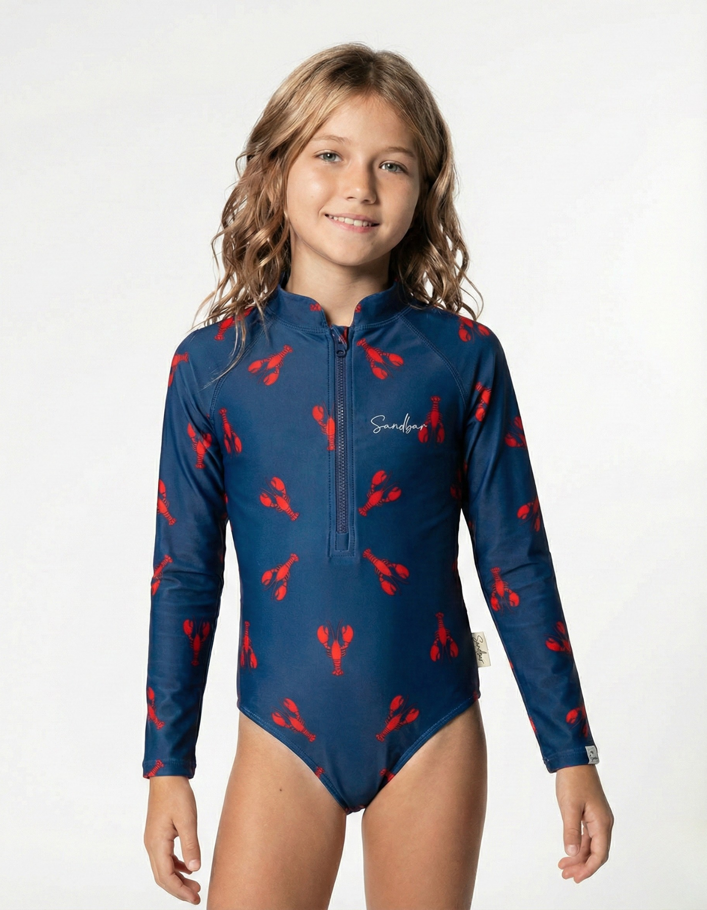 Red Lobster Long Sleeved Girls Swimsuit, front view. Sustainable girls swimwear.