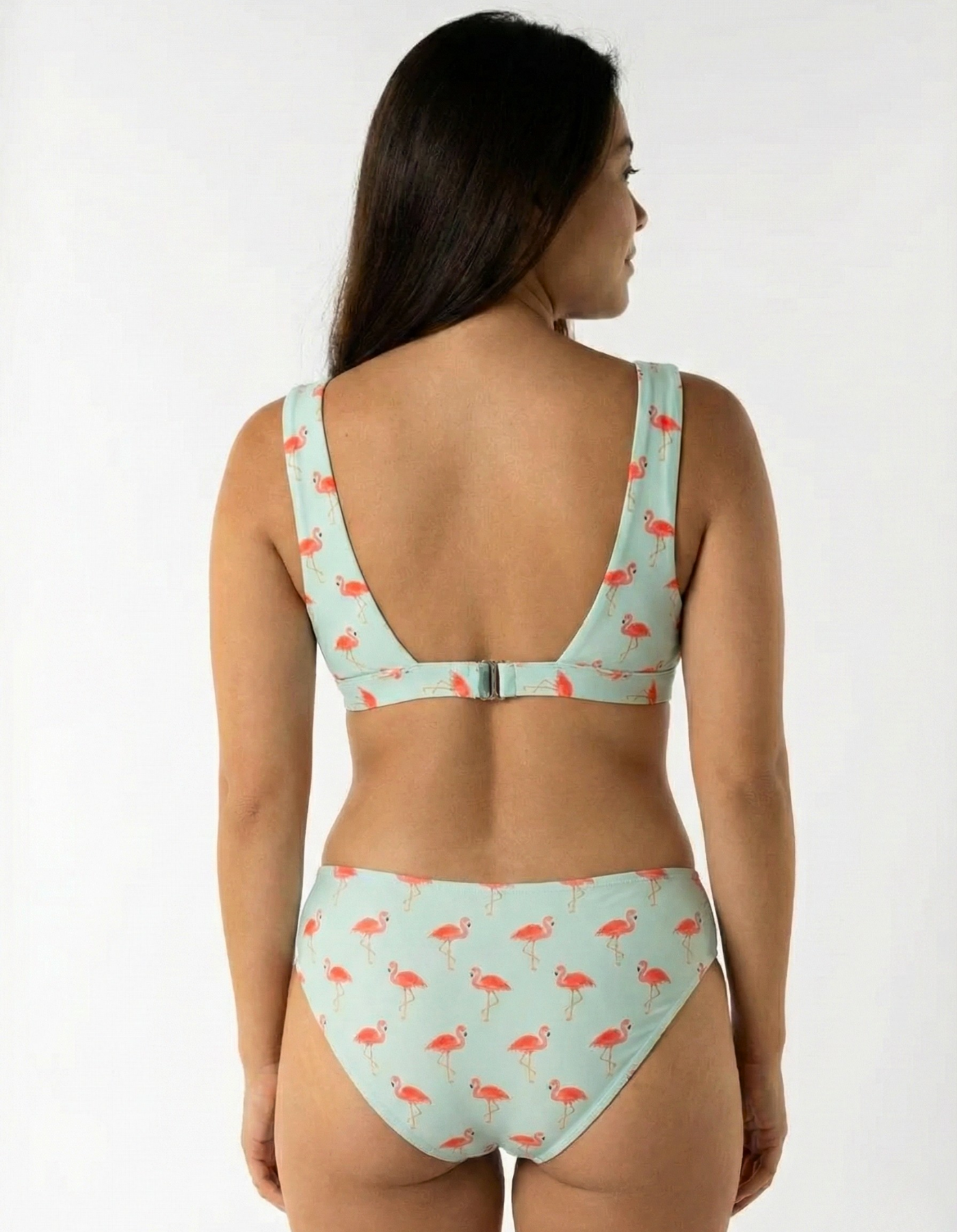 Mid Waist Pink Flamingo Womens Bikini Bottoms, back view. Sustainable womens swimwear.