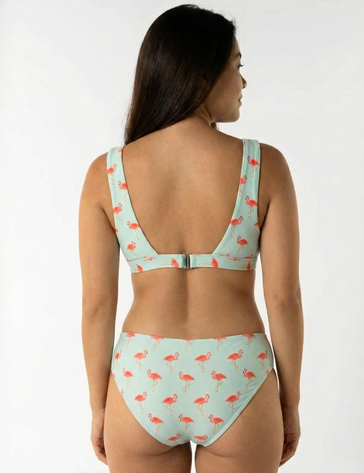 Mid Waist Pink Flamingo Womens Bikini Bottoms, back view. Sustainable womens swimwear.