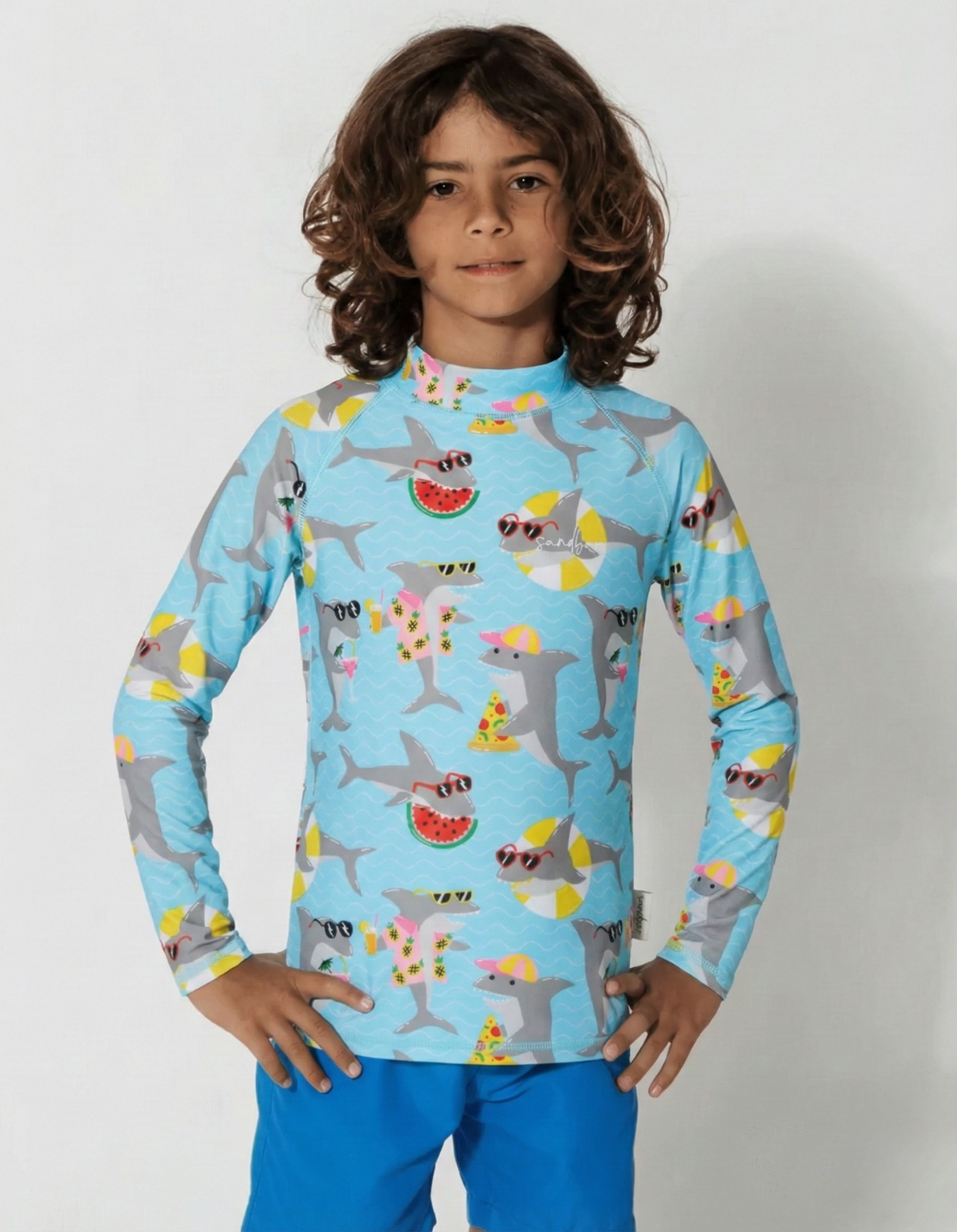 Cool Watermelon Shark Rash Guard, front view. Kids UPF50 rash guard.