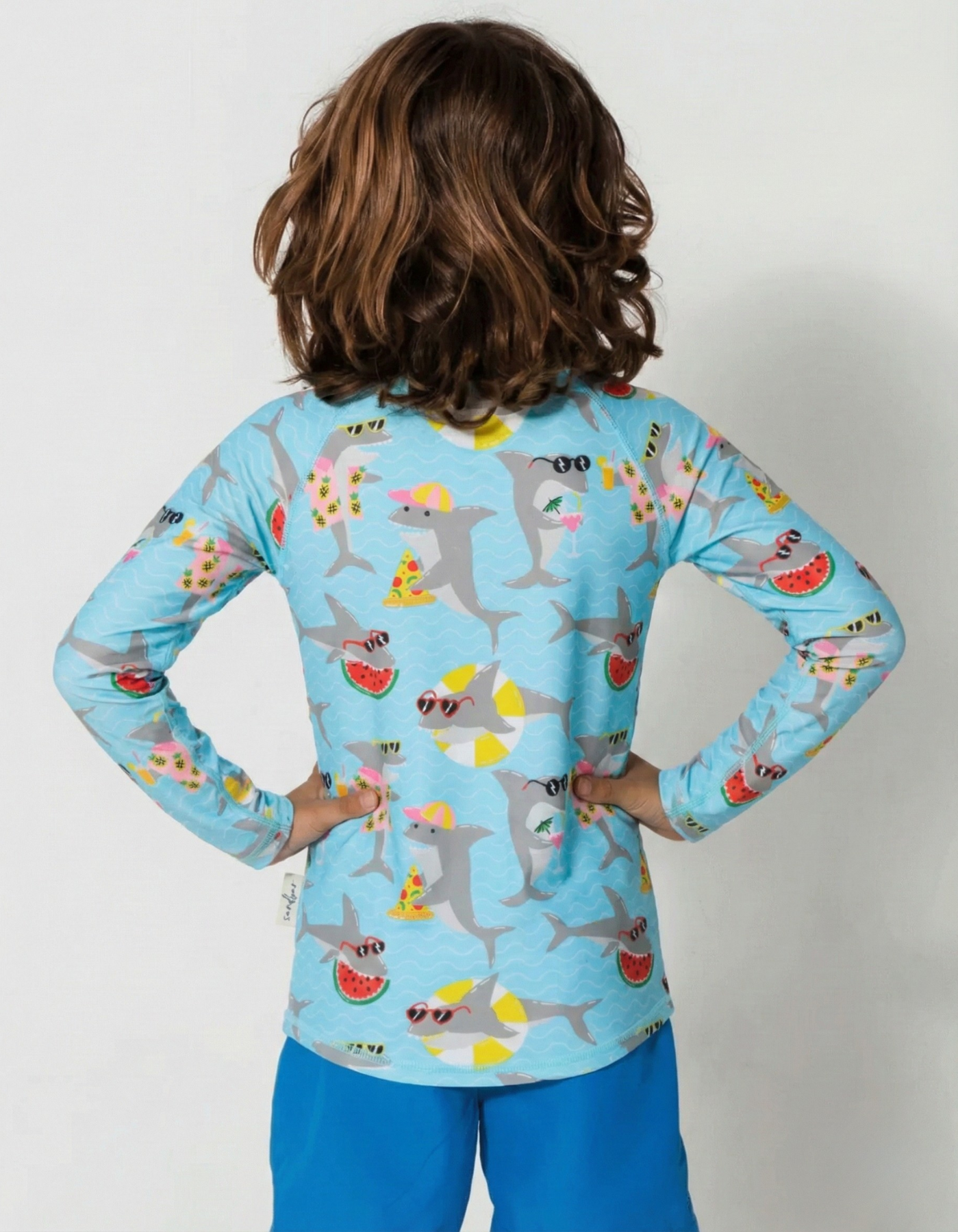 Cool Watermelon Shark Rash Guard, back view. Kids UPF50 rash guard.