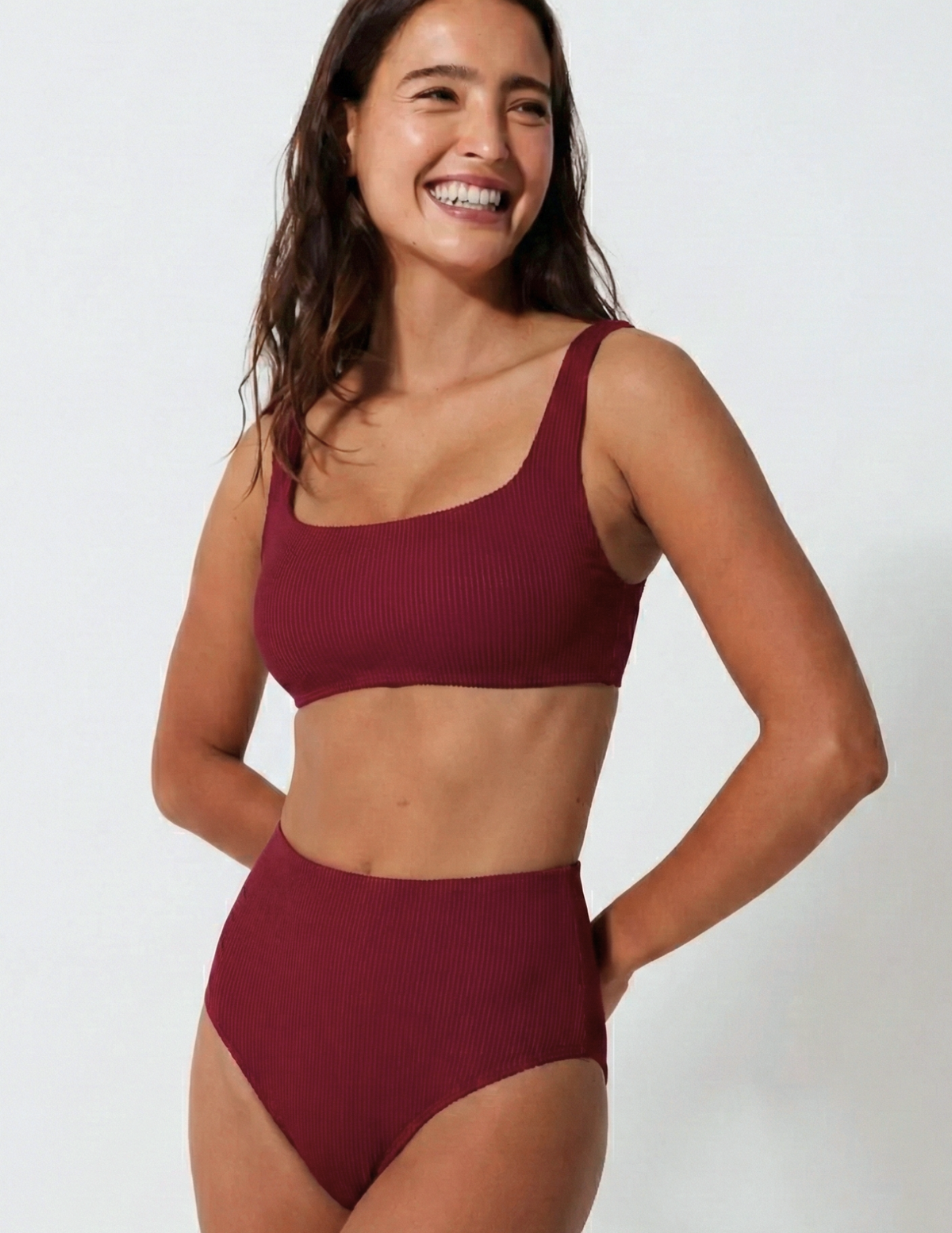 High Waist Plum Womens Ribbed Bikini Bottoms, front view. Sustainable womens swimwear.
