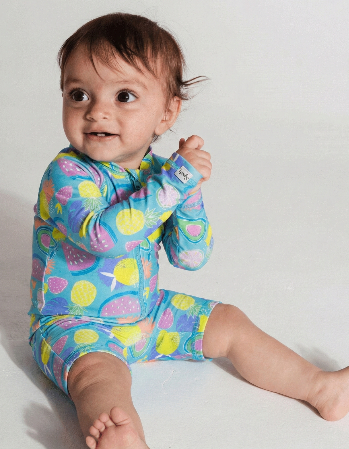 Tropicana Baby Swimsuit, front view. Sustainable baby swimwear.