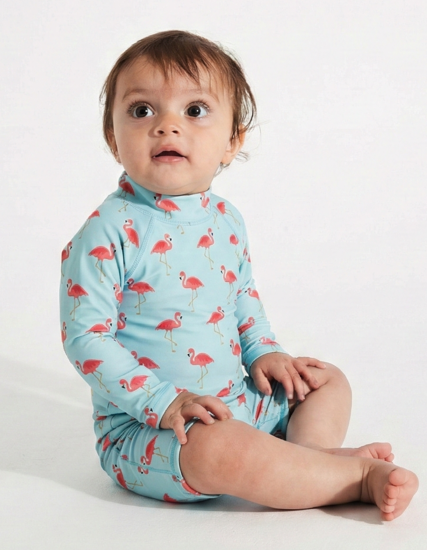 Pink Flamingo Baby Swimsuit, front view. Sustainable baby swimwear.