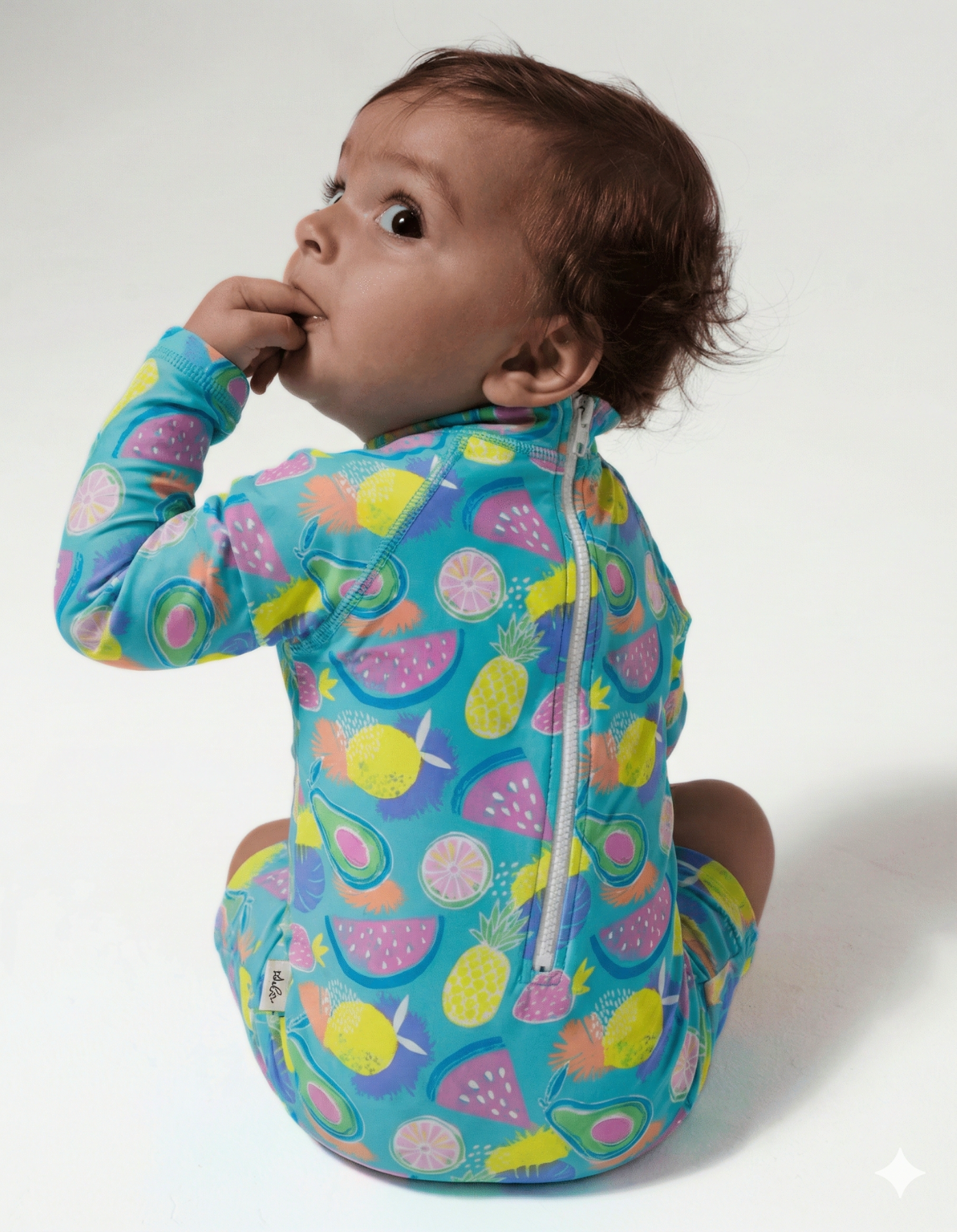 Tropicana Baby Swimsuit, back view. Sustainable baby swimwear.
