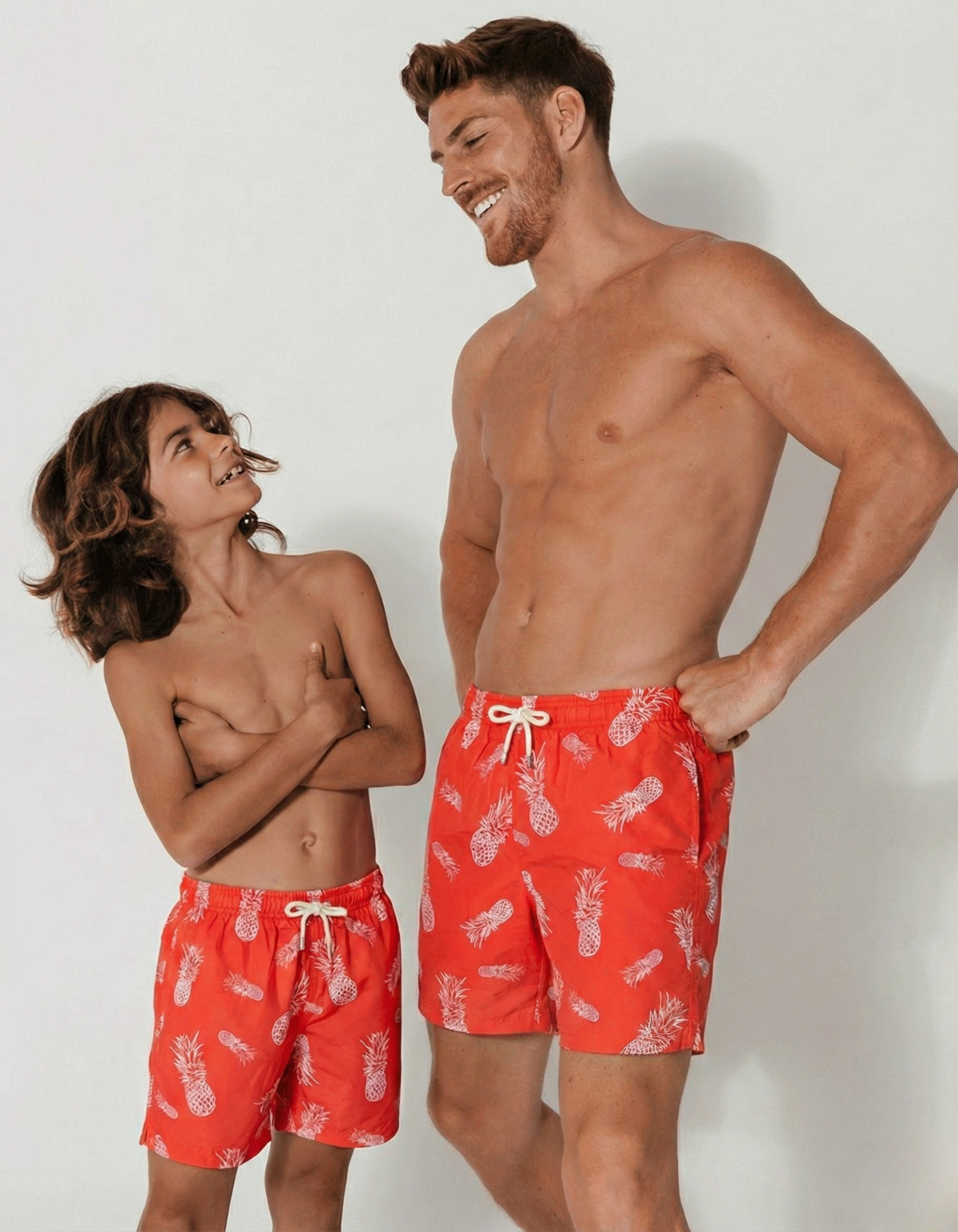 Father & Son Swim Shorts Embroidered Pineapple, front view. Father and son matching swim shorts.