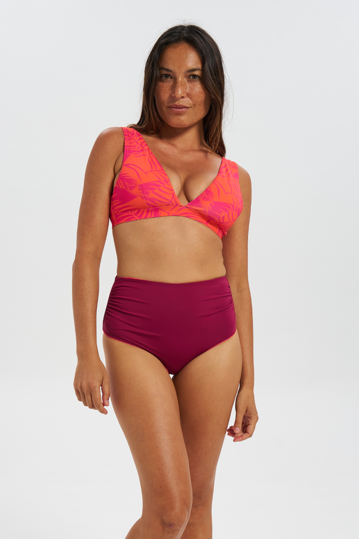 High Waist Aperol Palm Womens Bikini Bottoms, print detail. Sustainable womens swimwear.