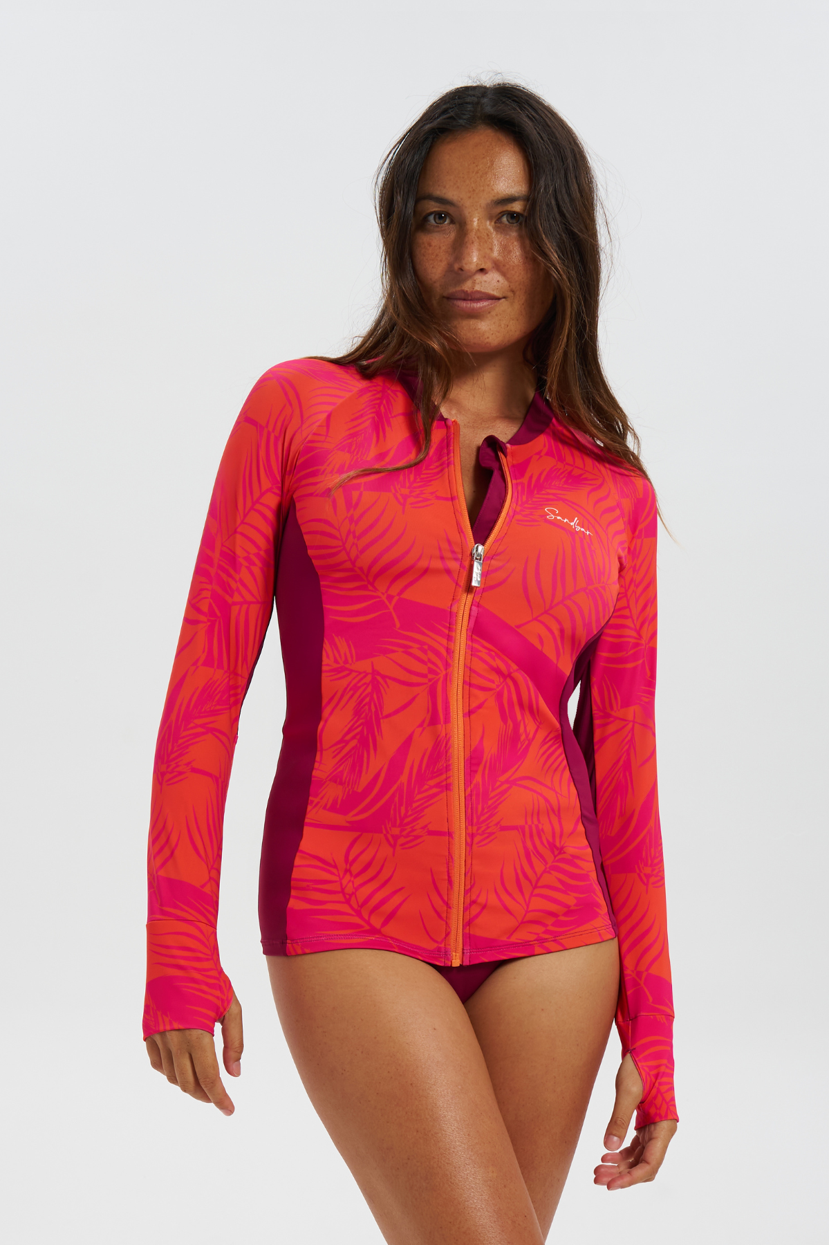 Aperol Palm Womens Rash Guard, front view. Womens UPF50 rash guard.