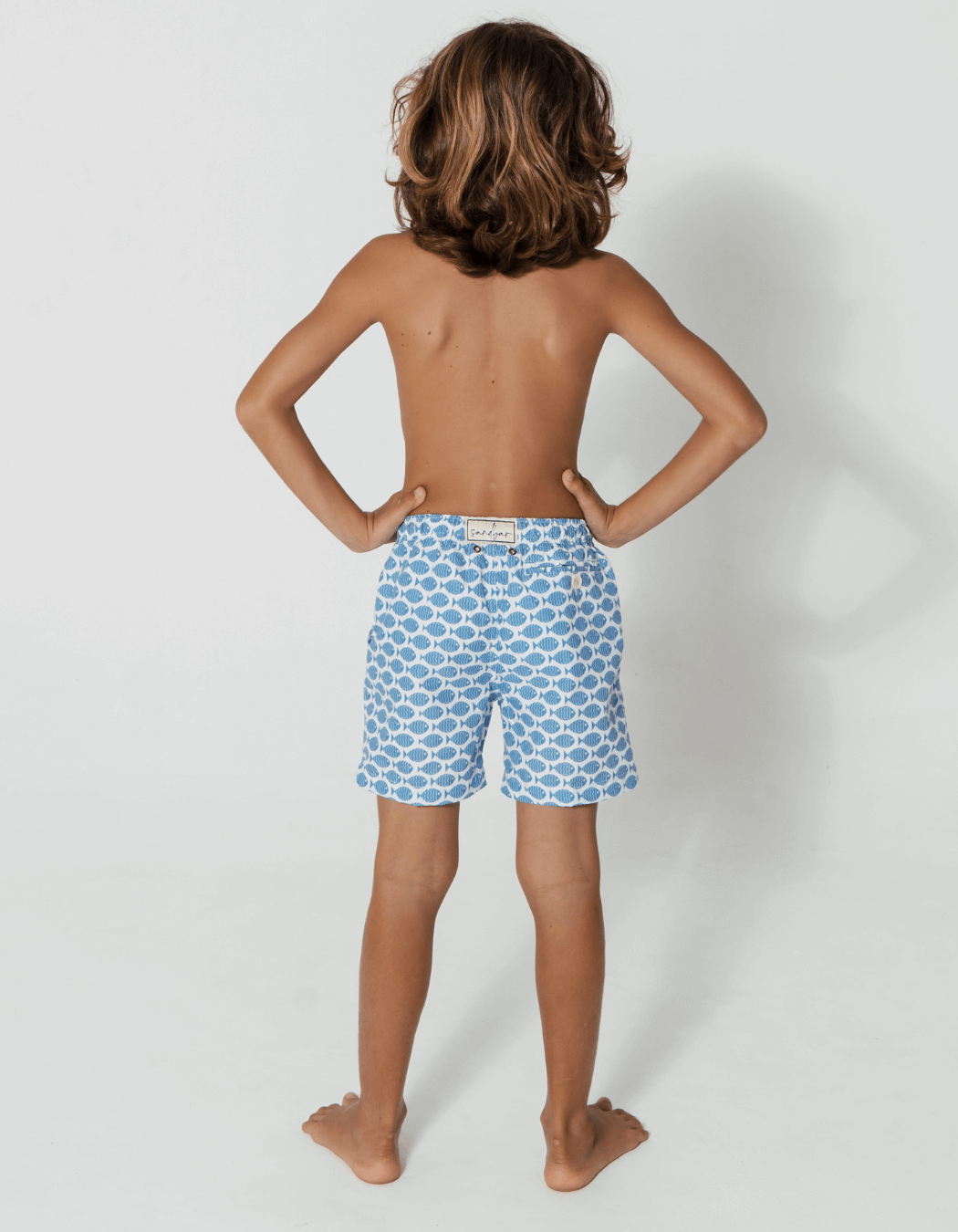 Baby Blue Fish Boys Swim Shorts, additional view. Sustainable baby swimwear.
