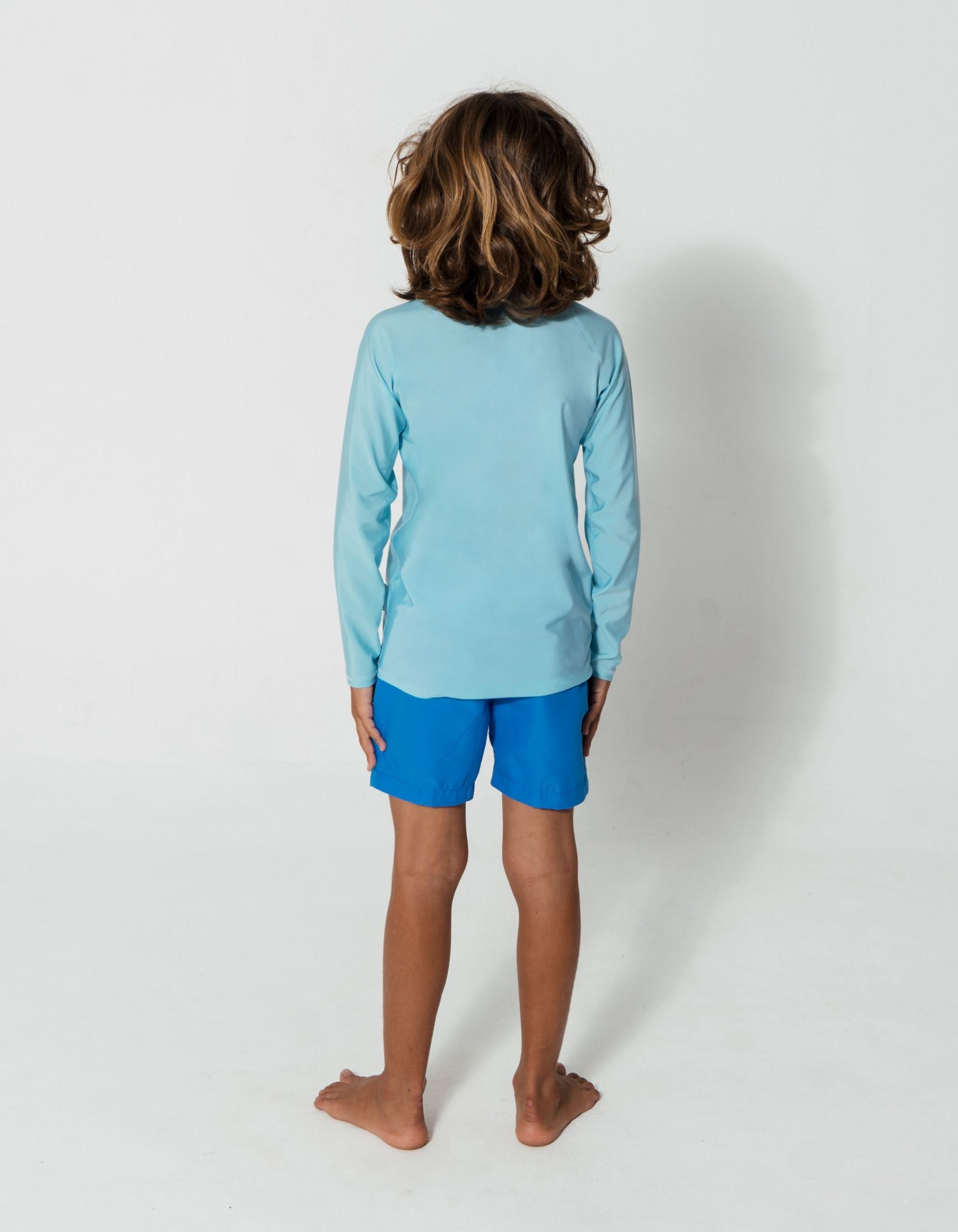 Baby Blue Rash Guard, back view. Kids UPF50 rash guard.