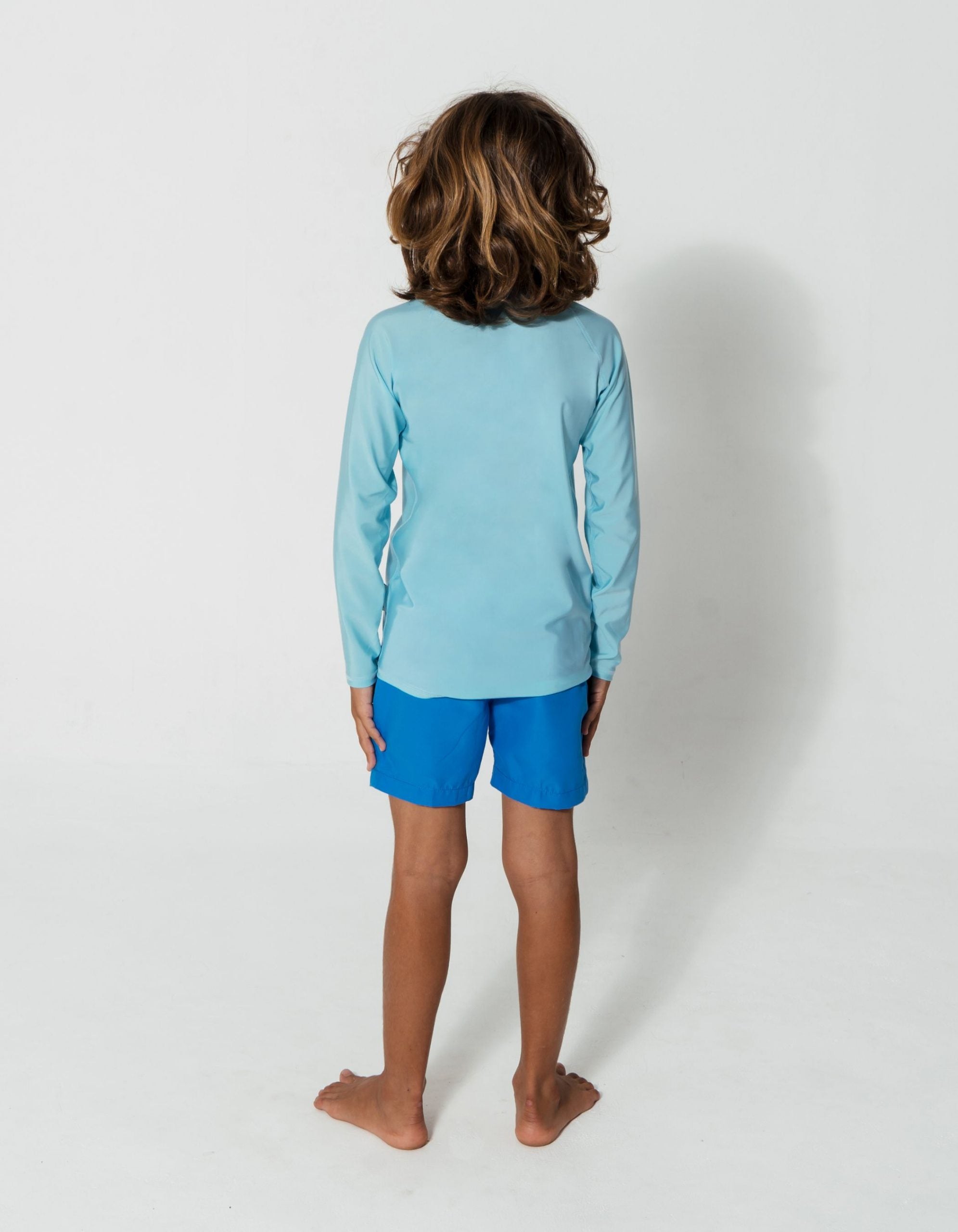 Baby Blue Rash Guard, back view. Kids UPF50 rash guard.