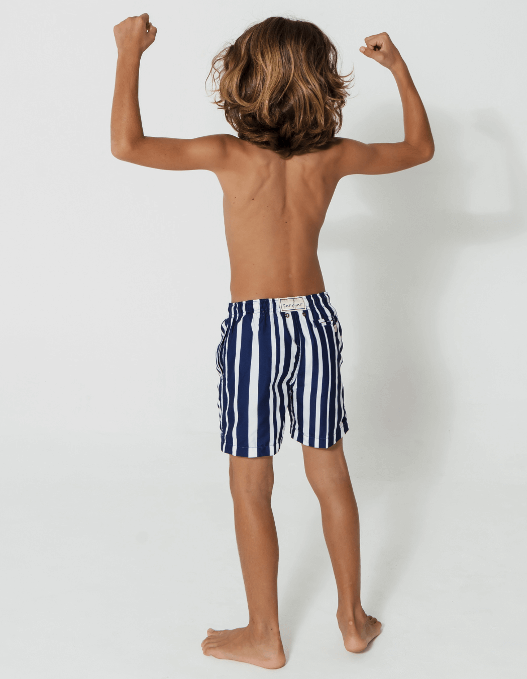 Blue & White Striped Boys Swim Shorts, additional view. Sustainable boys swimwear.
