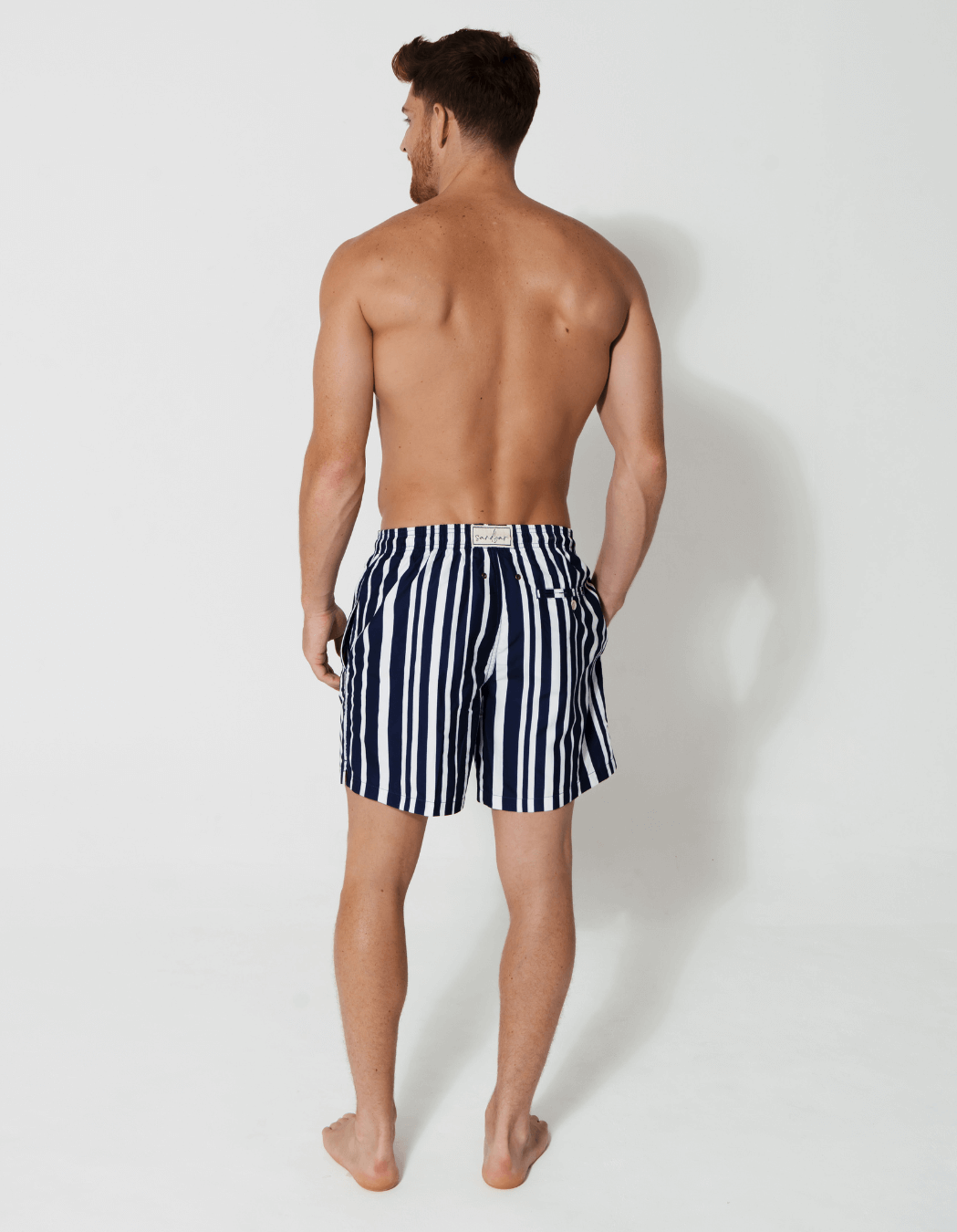Blue & White Striped Mens Swim Shorts, additional view. Sustainable mens swimwear.