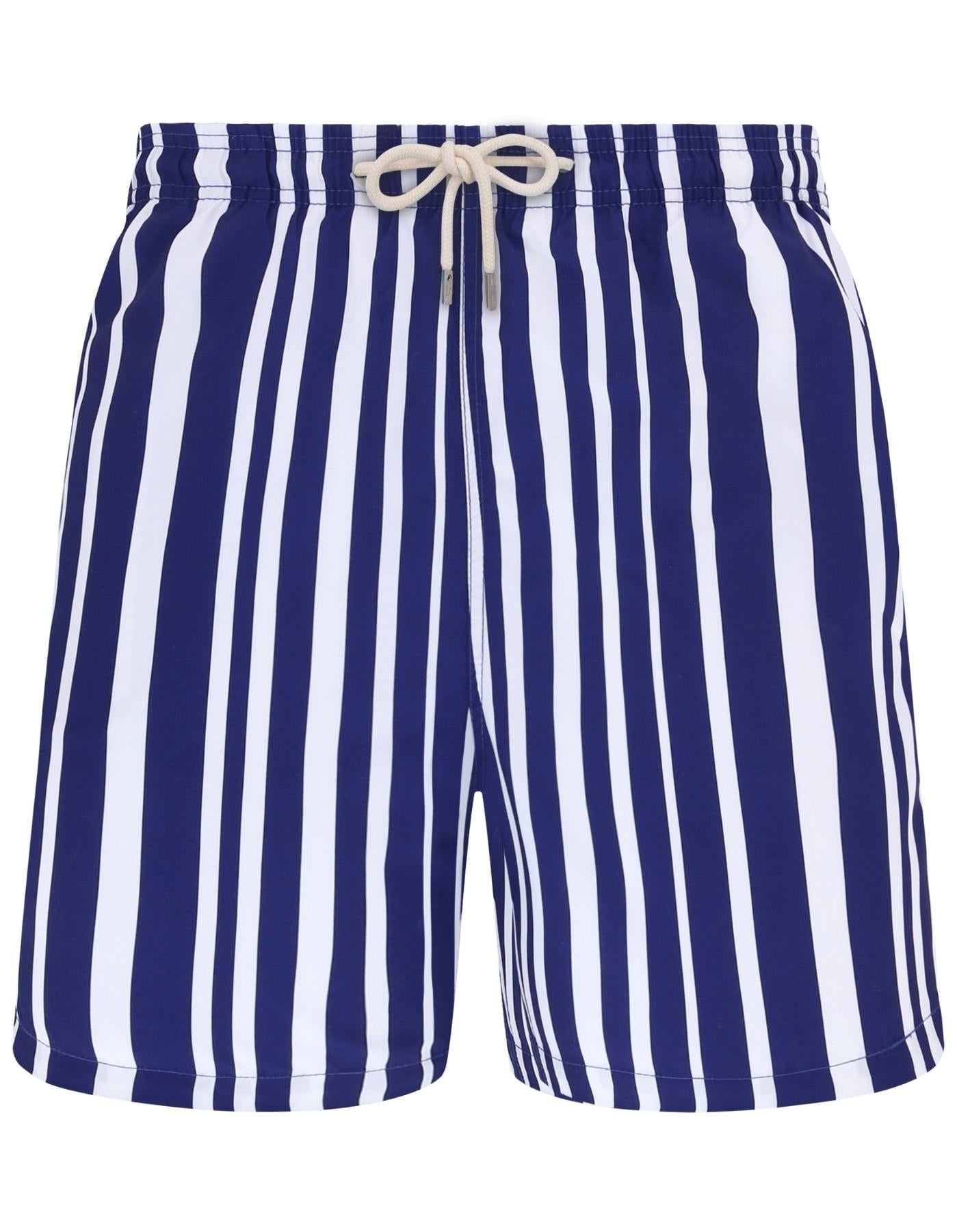 Blue & White Striped Mens Swim Shorts, additional view. Sustainable mens swimwear.