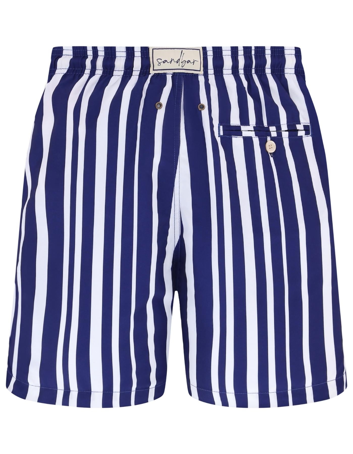 Blue & White Striped Mens Swim Shorts, additional view. Sustainable mens swimwear.
