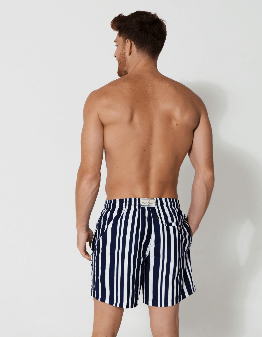 Blue & White Striped Mens Swim Shorts, additional view. Sustainable mens swimwear.