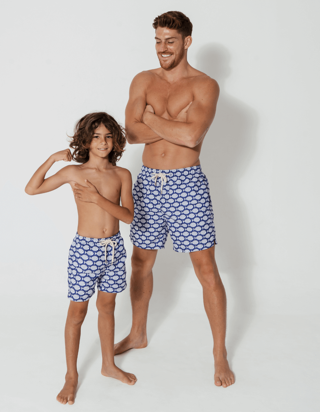 Blue Fish Boys Swim Shorts, print detail. Sustainable boys swimwear.