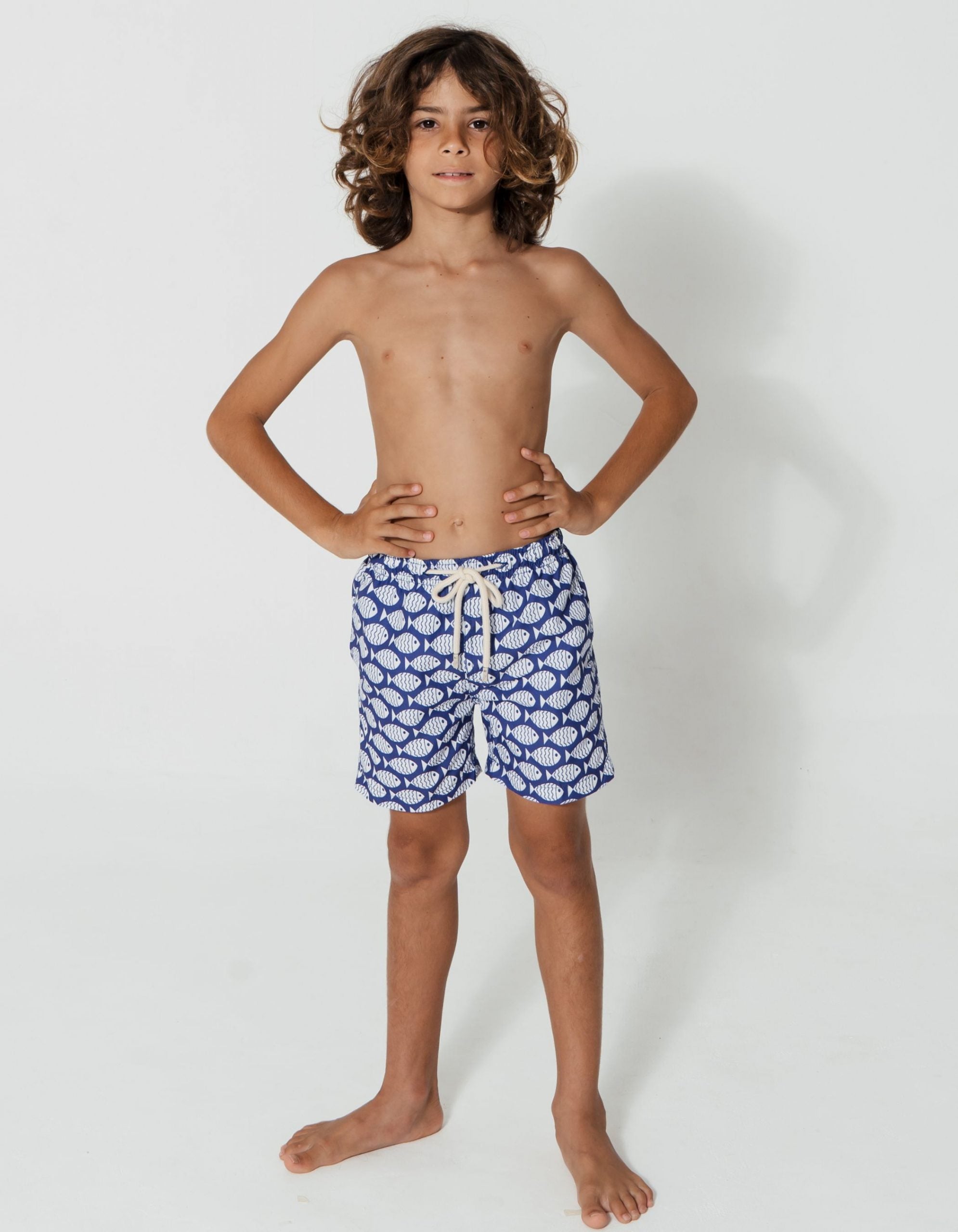 Blue Fish Boys Swim Shorts, additional view. Sustainable boys swimwear.