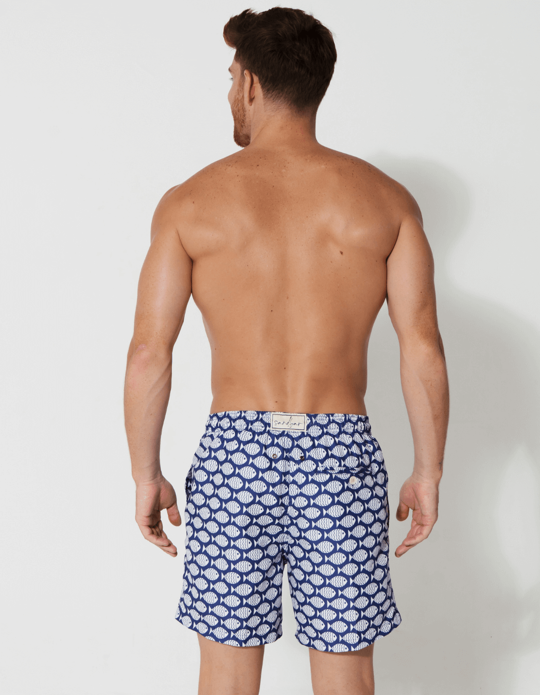 Blue Fish Mens Swim Shorts, additional view. Sustainable mens swimwear.