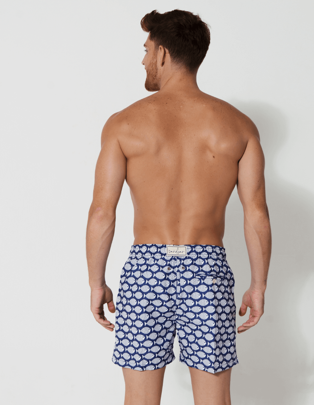 Blue Fish Mens Swim Shorts, print detail. Sustainable mens swimwear.