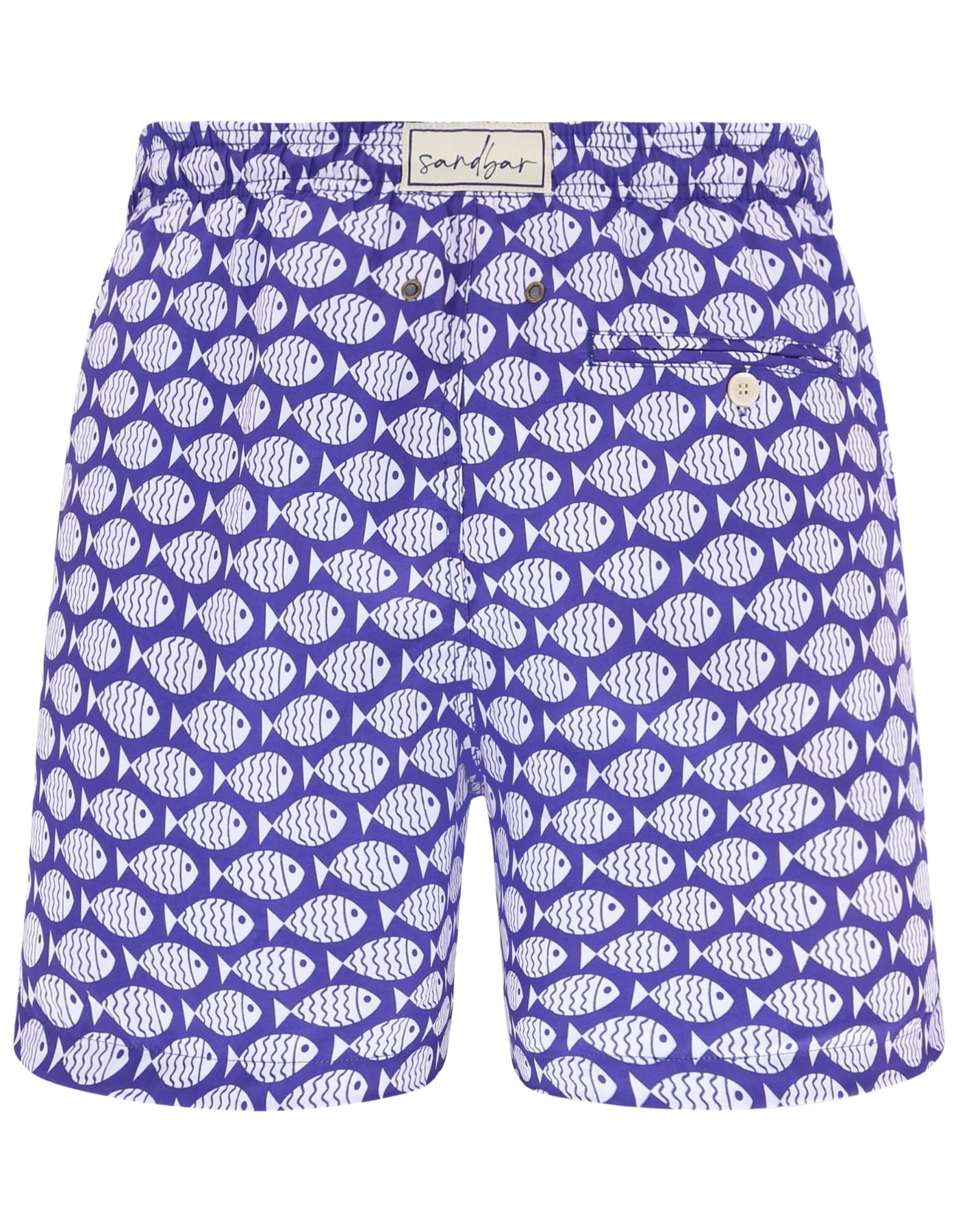 Blue Fish Mens Swim Shorts, additional view. Sustainable mens swimwear.