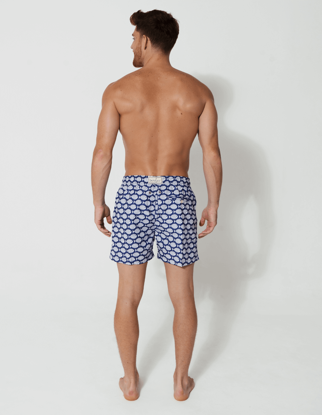 Blue Fish Mens Swim Shorts, additional view. Sustainable mens swimwear.