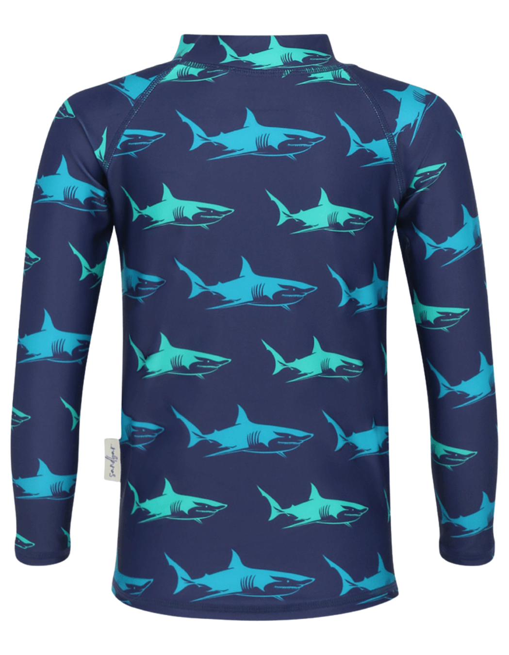 Blue Shark Rash Guard, lifestyle shot. Kids UPF50 rash guard.