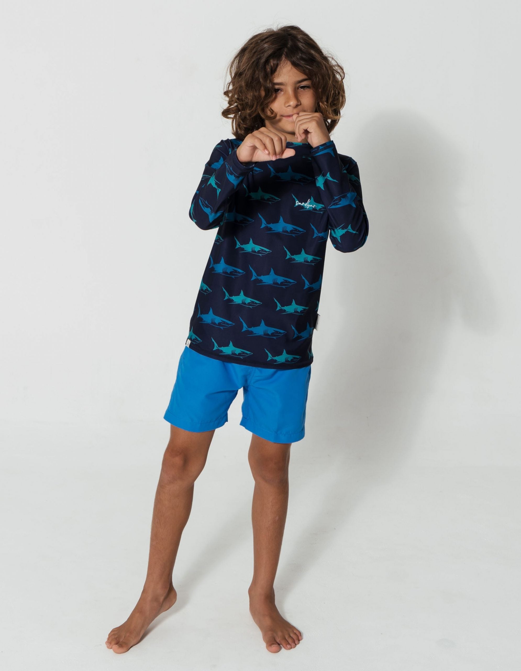 Blue Shark Rash Guard, print detail. Kids UPF50 rash guard.