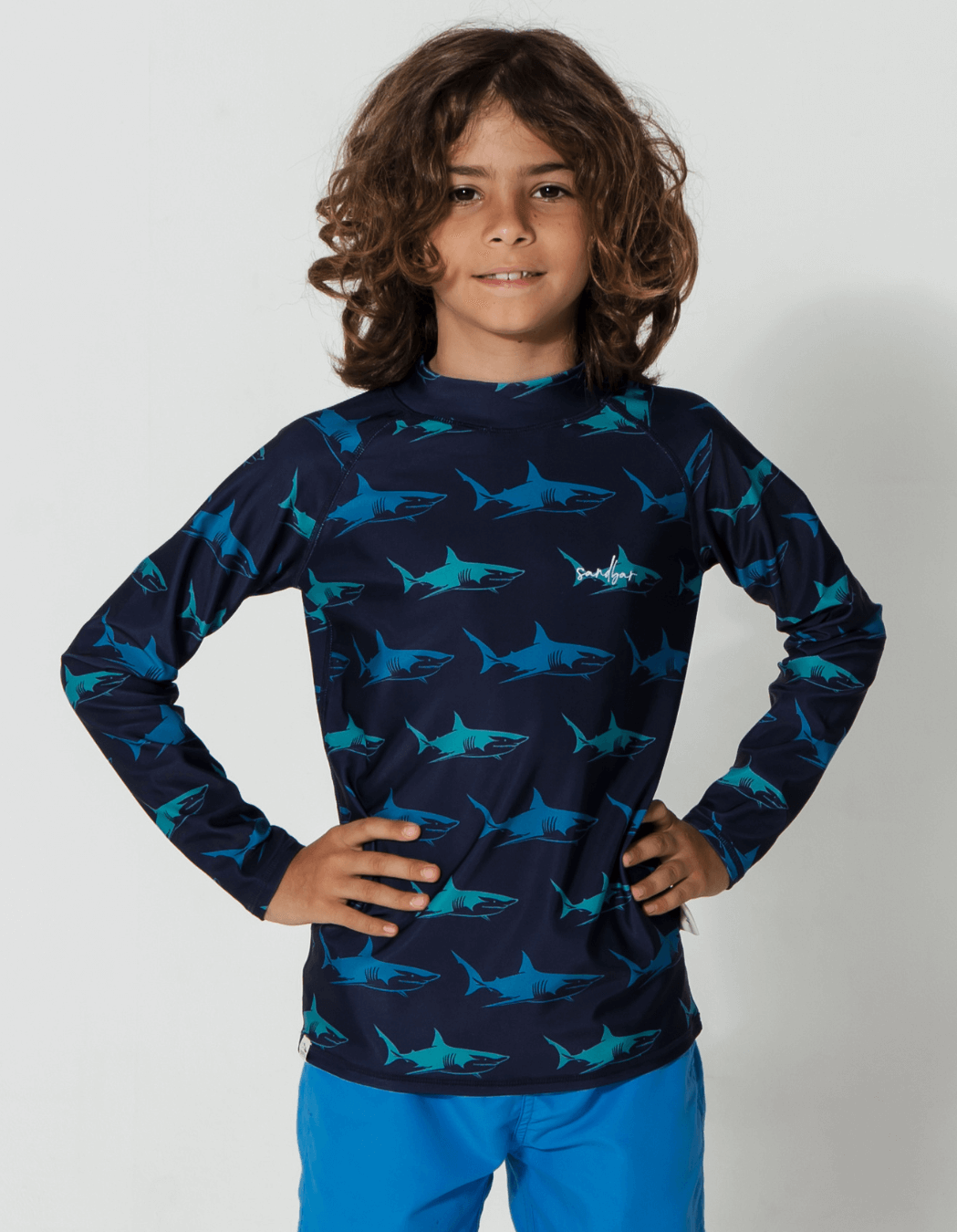 Blue Shark Rash Guard, front view. Kids UPF50 rash guard.
