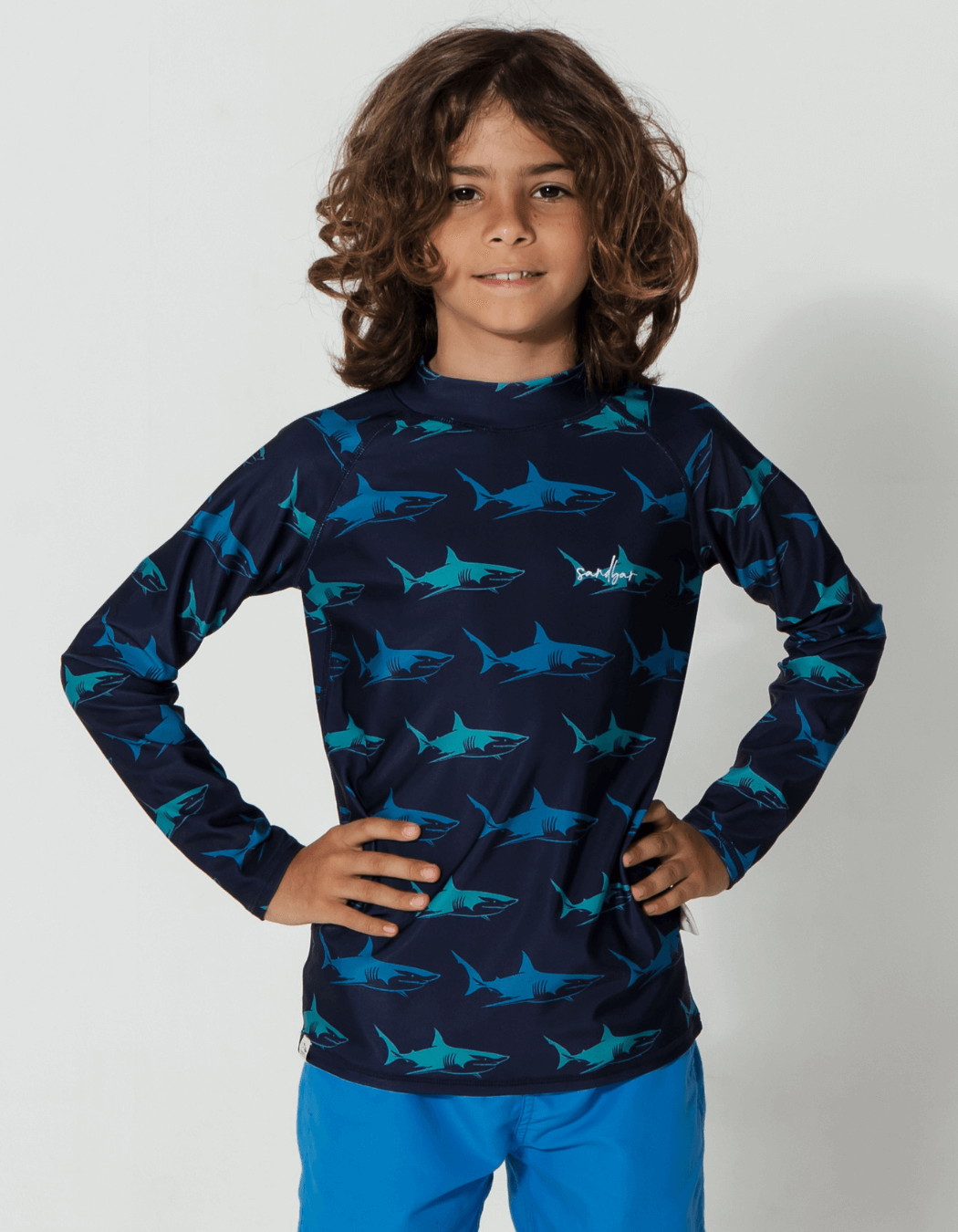 Blue Shark Rash Guard, front view. Kids UPF50 rash guard.