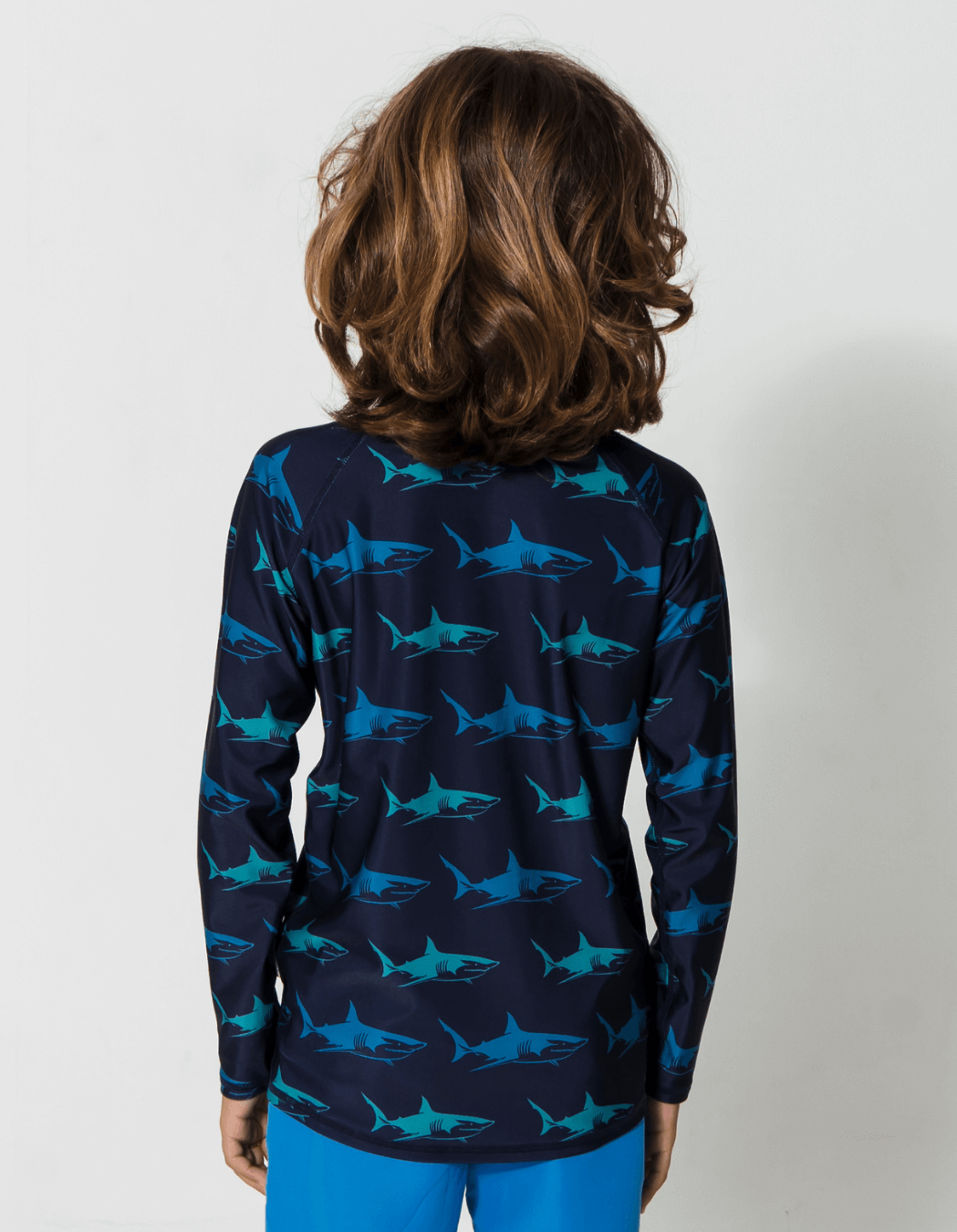 Blue Shark Rash Guard, back view. Kids UPF50 rash guard.