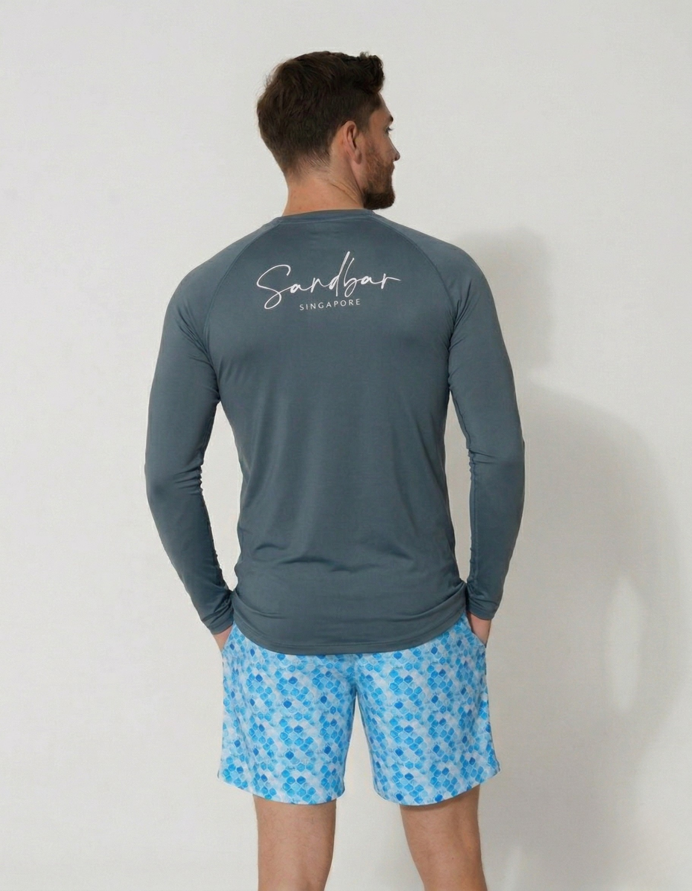 Charcoal Grey Long Sleeved Mens Rash Guard, back view. Mens UPF50 rash guard.