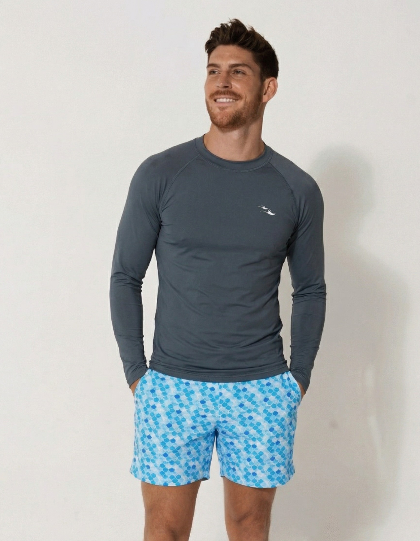 Charcoal Grey Long Sleeved Mens Rash Guard, front view. Mens UPF50 rash guard.
