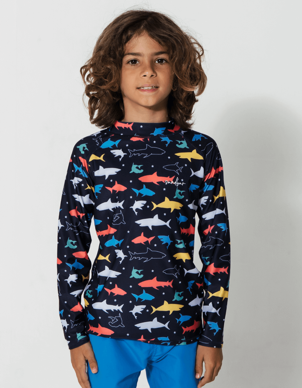 Colourful Sharks Rash Guard, print detail. Kids UPF50 rash guard.