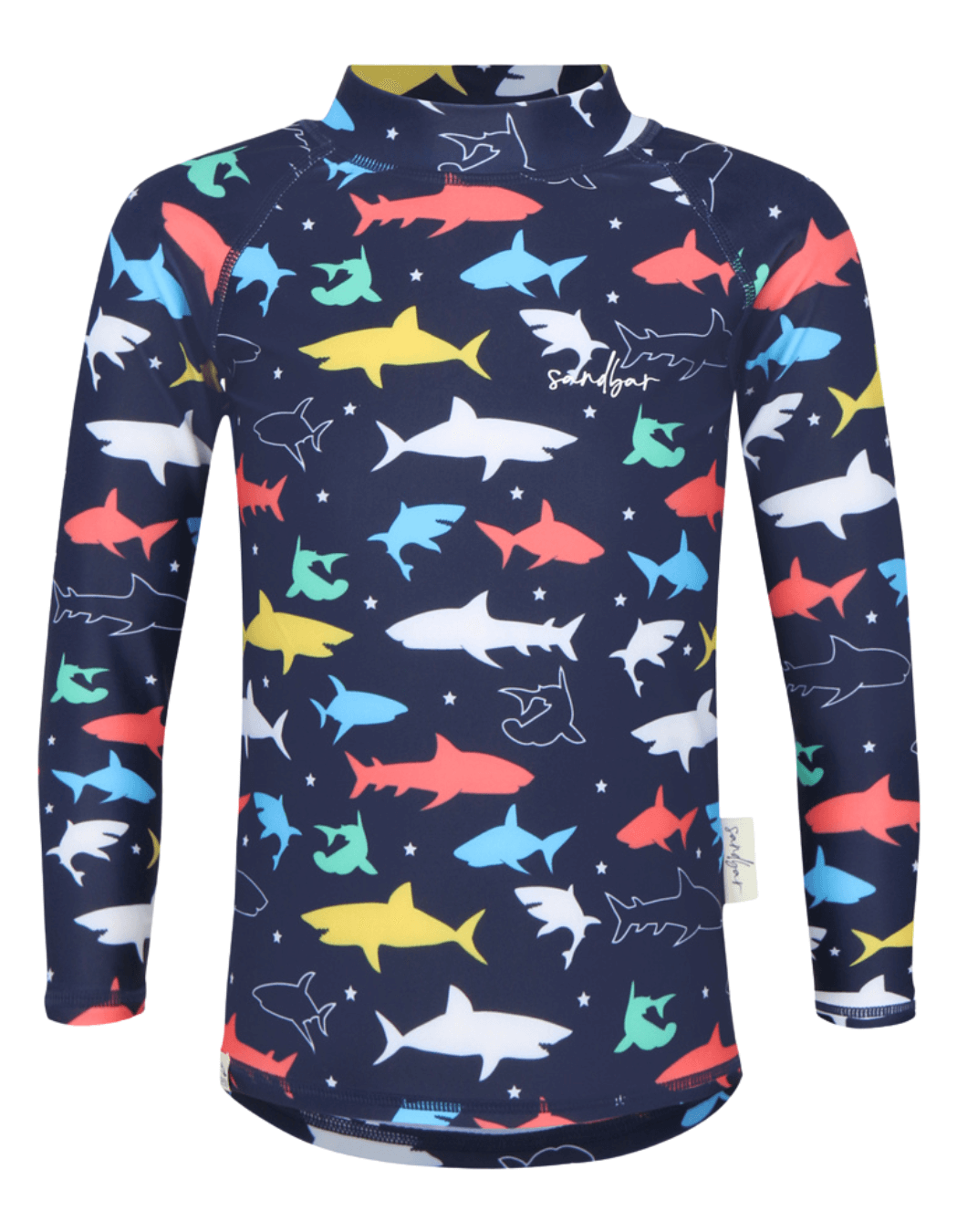 Colourful Sharks Rash Guard, additional view. Kids UPF50 rash guard.