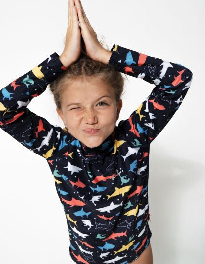 Colourful Sharks Rash Guard, additional view. Kids UPF50 rash guard.