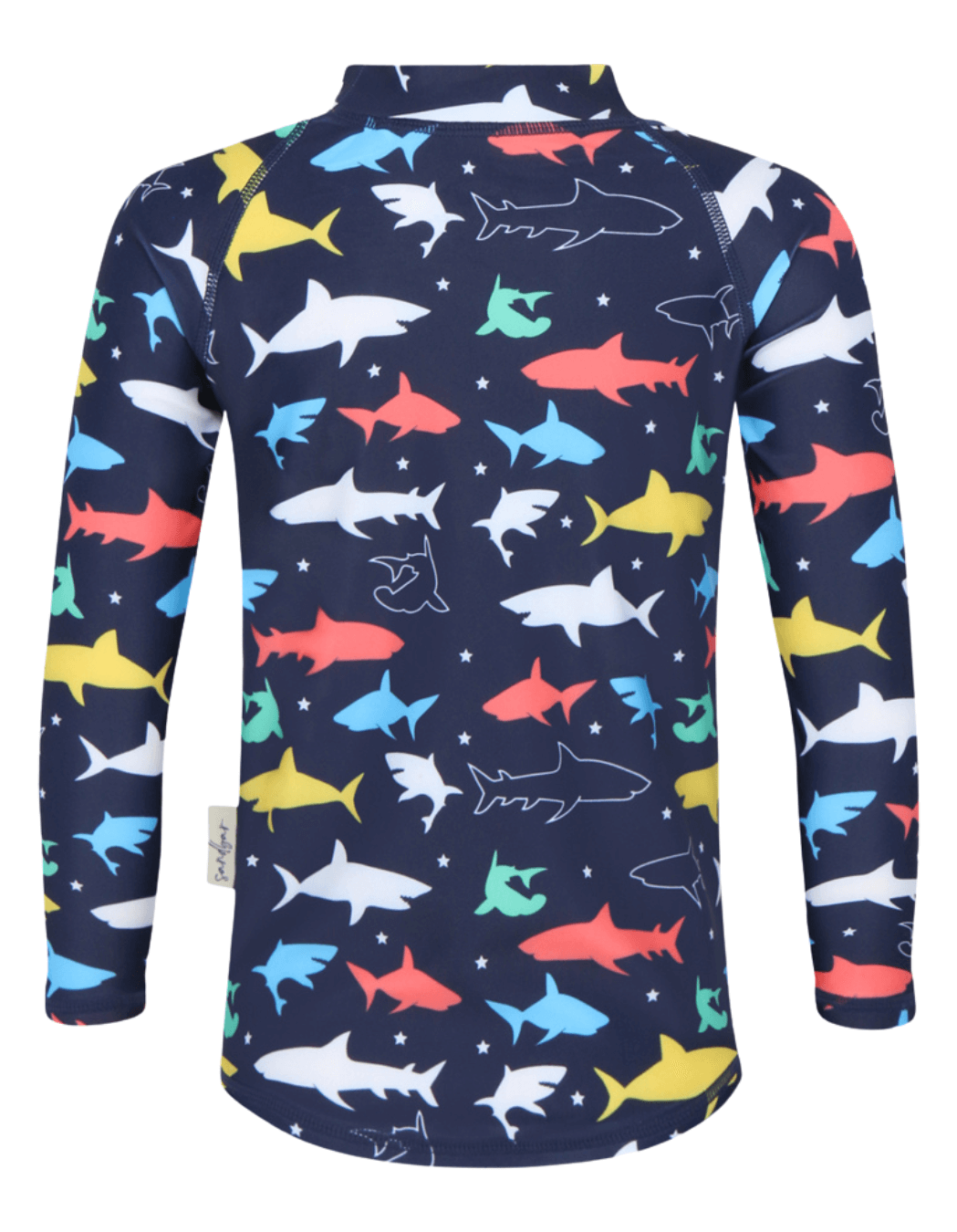 Colourful Sharks Rash Guard, additional view. Kids UPF50 rash guard.