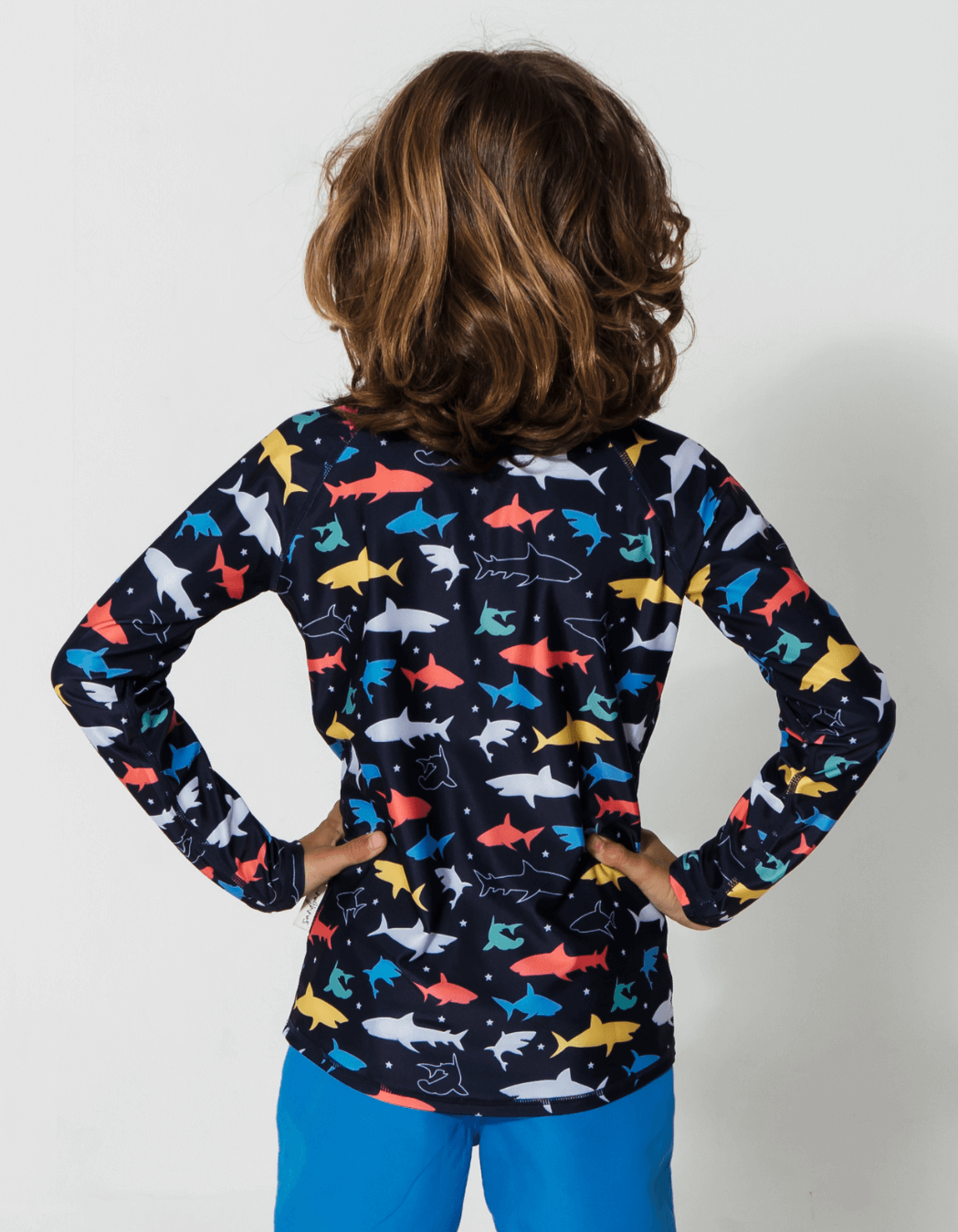 Colourful Sharks Rash Guard, additional view. Kids UPF50 rash guard.