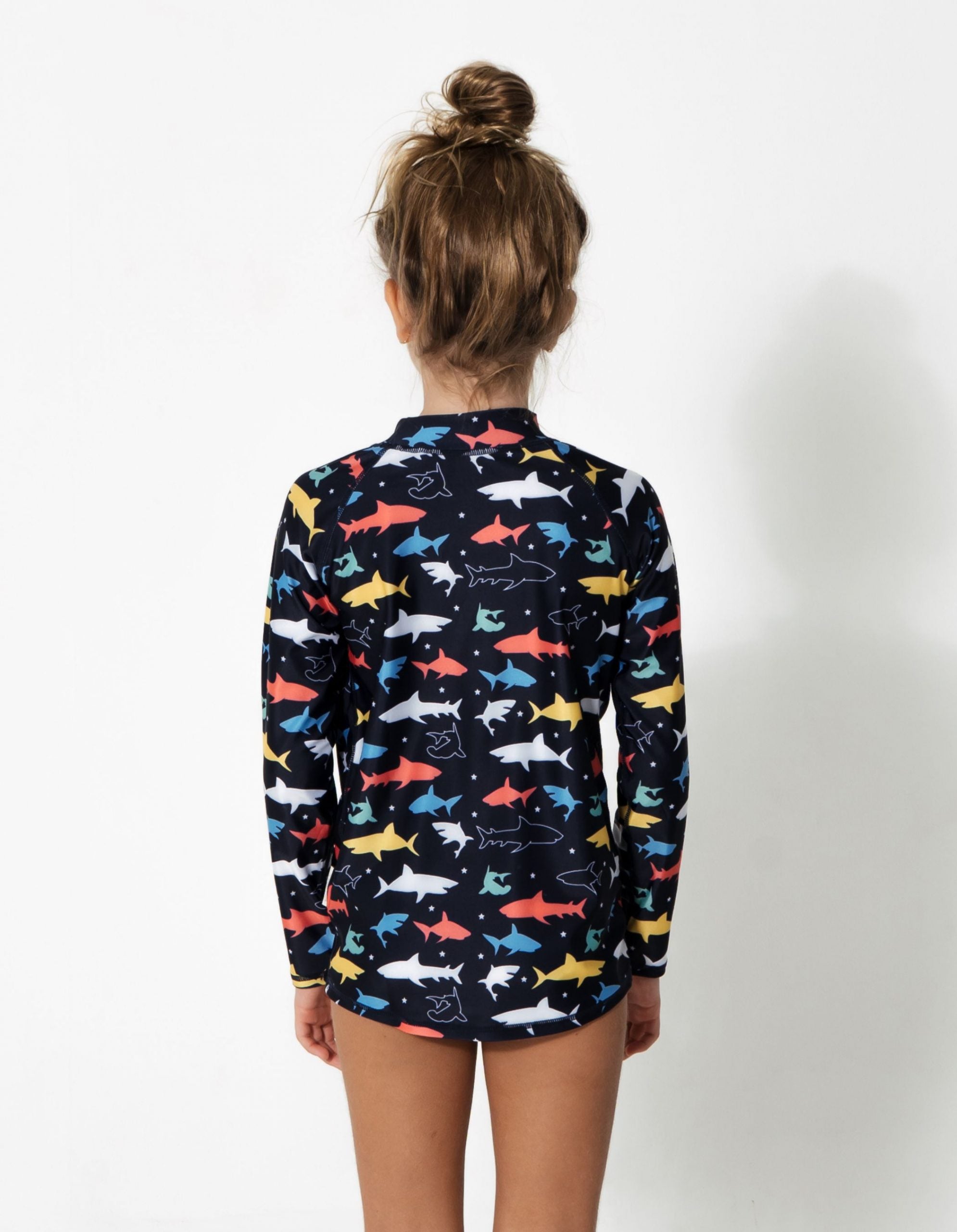 Colourful Sharks Rash Guard, back view. Kids UPF50 rash guard.