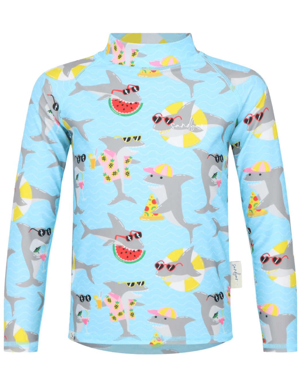 Cool Watermelon Shark Rash Guard, print detail. Kids UPF50 rash guard.