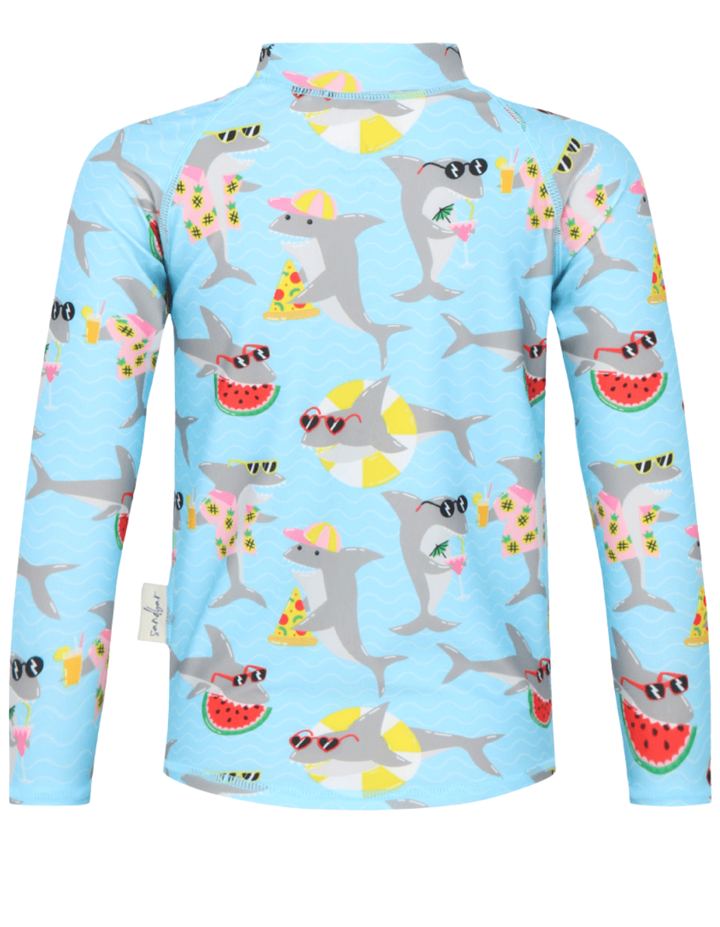 Cool Watermelon Shark Rash Guard, lifestyle shot. Kids UPF50 rash guard.
