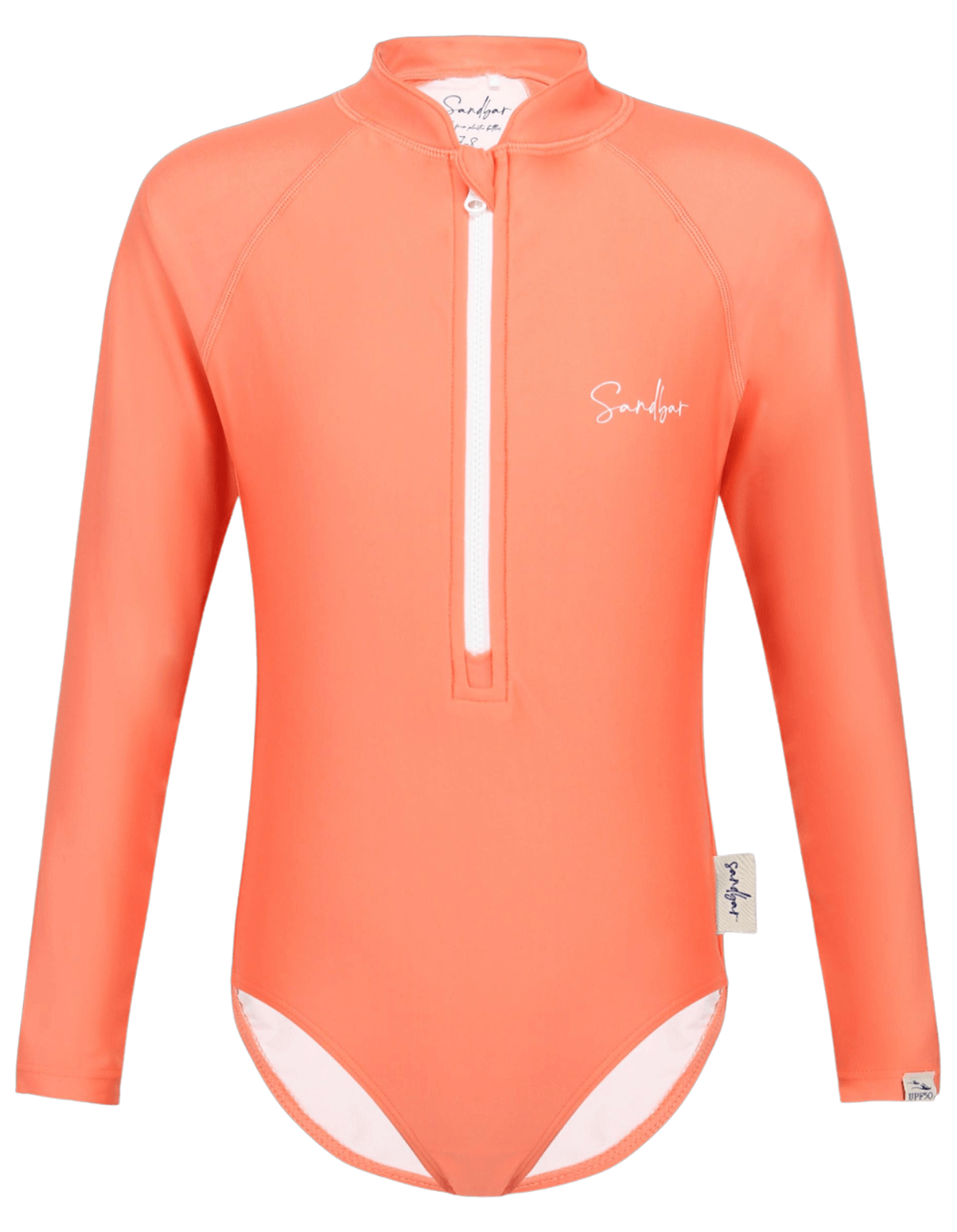 Coral Long Sleeved Girls Swimsuit, additional view. Sustainable girls swimwear.