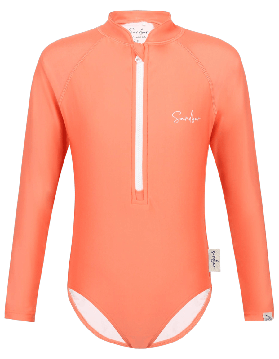 Coral Long Sleeved Girls Swimsuit, additional view. Sustainable girls swimwear.