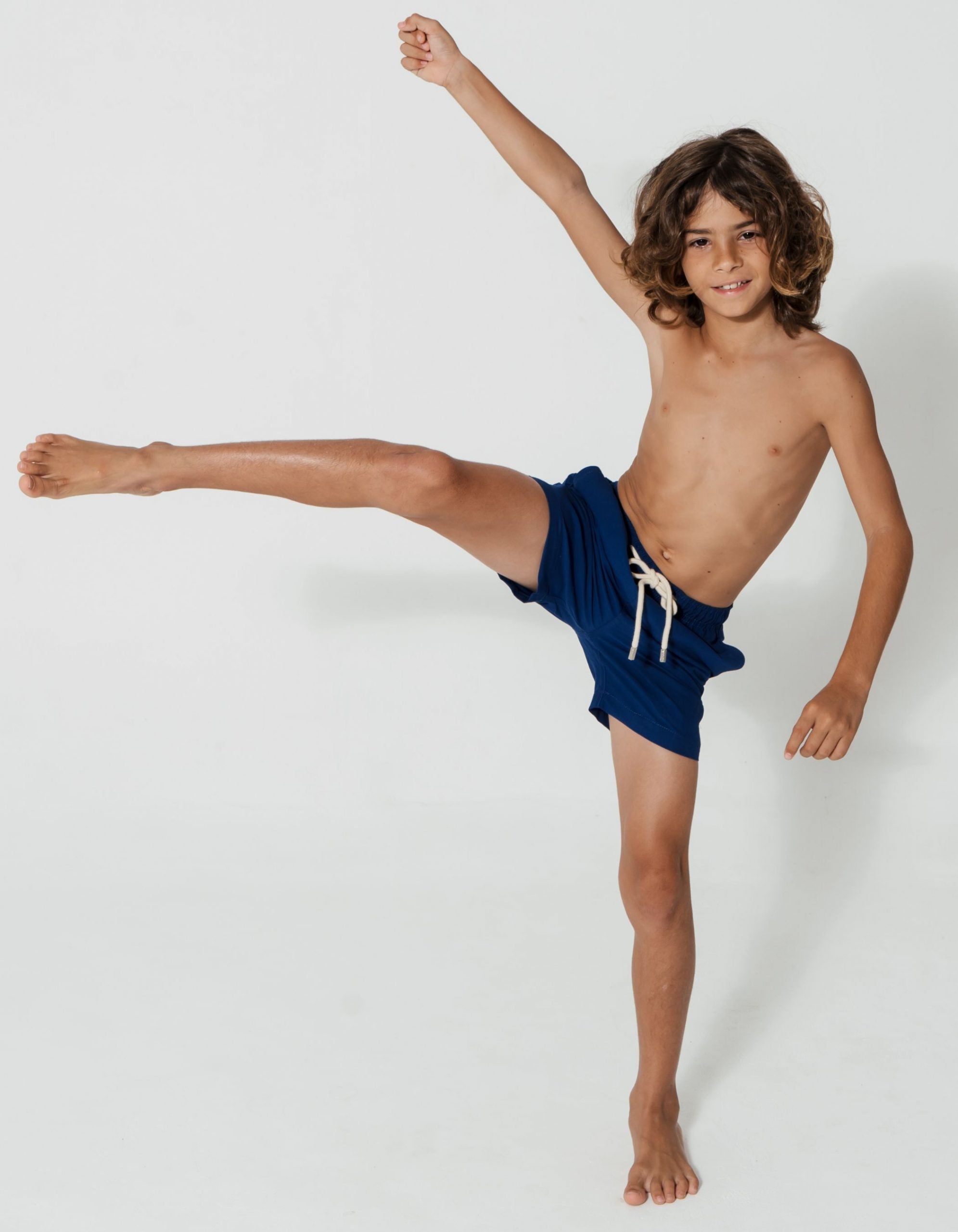 Deep Blue Boys Swim Shorts, print detail. Sustainable boys swimwear.